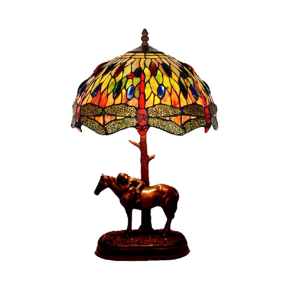Tiffany Style Dragonfly Stained Glass Table Lamp with Resin Horse & Child - Baroque Coffee Table Lighting for Living Room, Bedroom & Office Decor