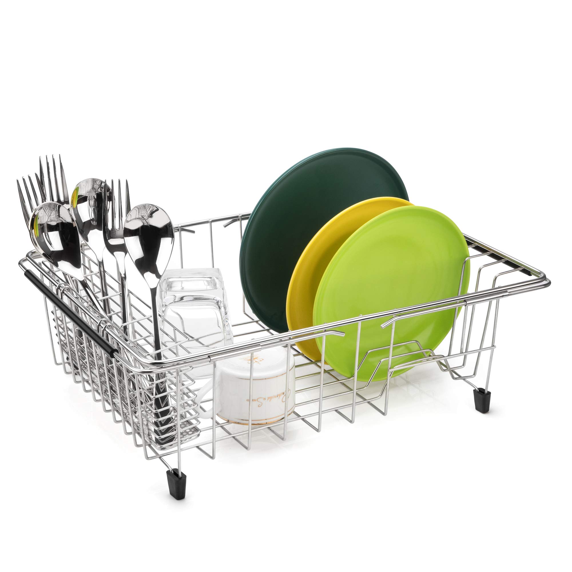 SANNO Expandable Stainless Steel Dish Drying Rack - Large In-Sink & Countertop Dish Drainer with 4-Section Utensil Holder | Rustproof Kitchen Organizer for Small Spaces | Perfect for Apartments, RVs & Compact Kitchens