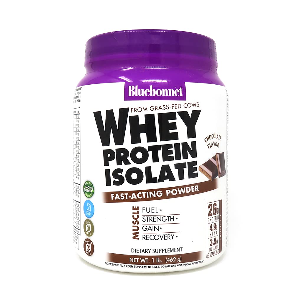 Bluebonnet Nutrition Whey Protein Isolate Powder from Grass-Fed Cows - 26g Protein, No Sugar Added, Gluten Free, Soy Free, Kosher Dairy - 1 Lb (14 Servings) Chocolate Flavor for Post-Workout Recovery & Muscle Building