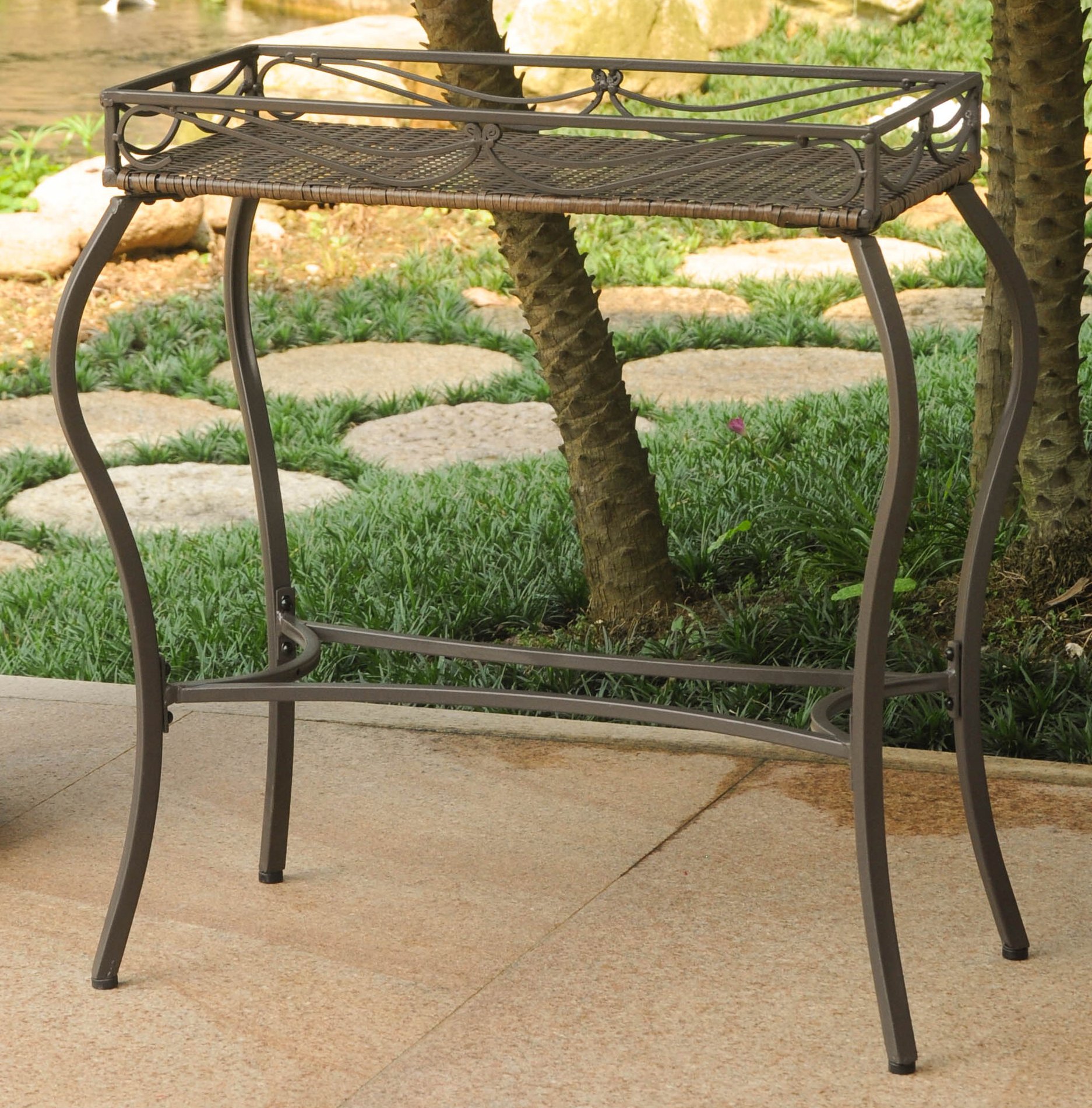 International Caravan Wicker Resin Outdoor Rectangular Plant Stand Table - Durable Patio Garden Decor for Plants, Flowers & Home Decor