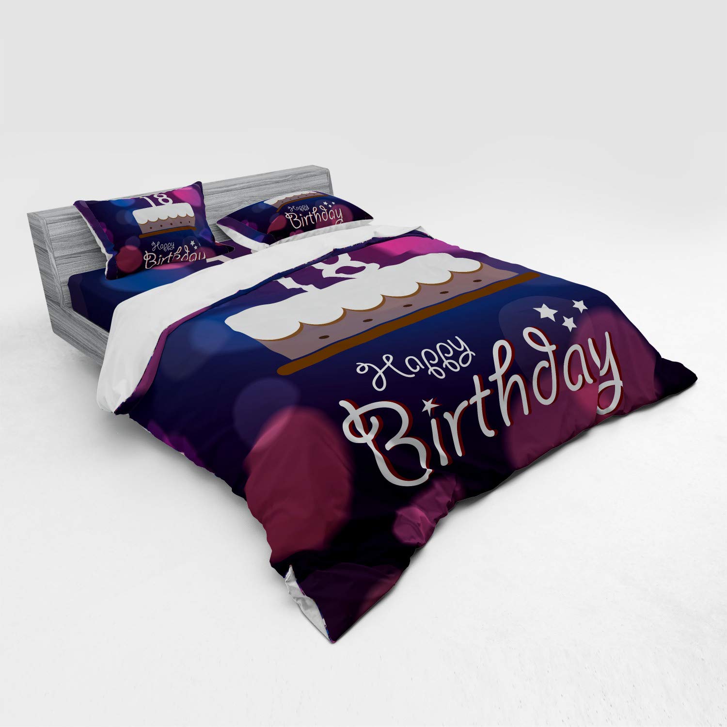 Ambesonne 18th Birthday Bedding Set - Cartoon Birthday Cake with Candles Duvet Cover, 4 Piece King Size Set with Shams & Fitted Sheet - Vibrant Purple & Lilac Abstract Design for Teen Bedroom Decor & Birthday Party Backdrop