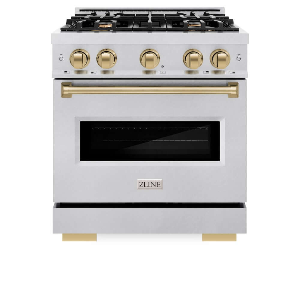 ZLINE Autograph Edition 30-inch Dual Fuel Range - 4.2 cu. ft. Capacity, 4 Burner Gas Cooktop & Electric Convection Oven - Satin Stainless Steel with Champagne Bronze Accents (CDRSZ 30 CB) - Perfect for Modern Kitchens, Home Chefs & Gourmet Cooking
