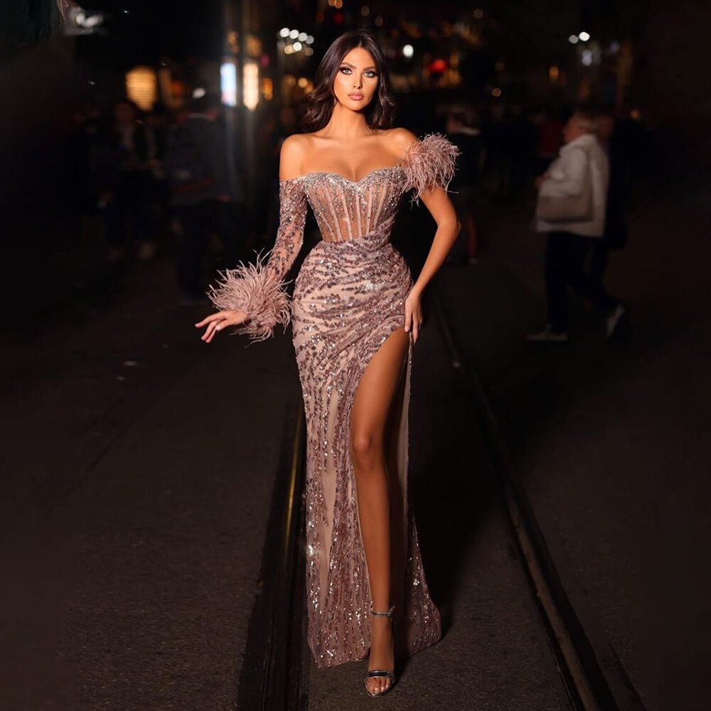 Serene Hill Rose Gold Off Shoulder One Sleeve Mermaid Feather Evening Dress - Elegant High Slit Sexy Party Gown for Women LA72082 | Perfect for Prom, Cocktail Party & Formal Events