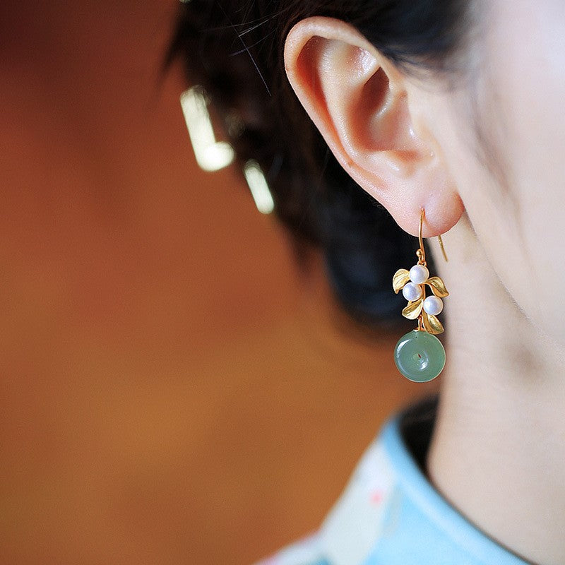 Gold Plated Leaf Pearl Jade Drop Dangle Earrings for Women - Elegant Vintage Boho Jewelry for Party, Wedding & Special Occasions
