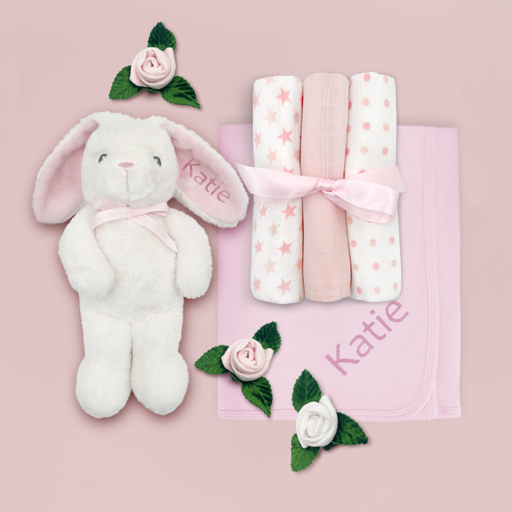 Personalized Baby Girl Gift Set with Little Pink Bunny - Perfect for Newborns, Showers, Birthdays & Baby Keepsakes
