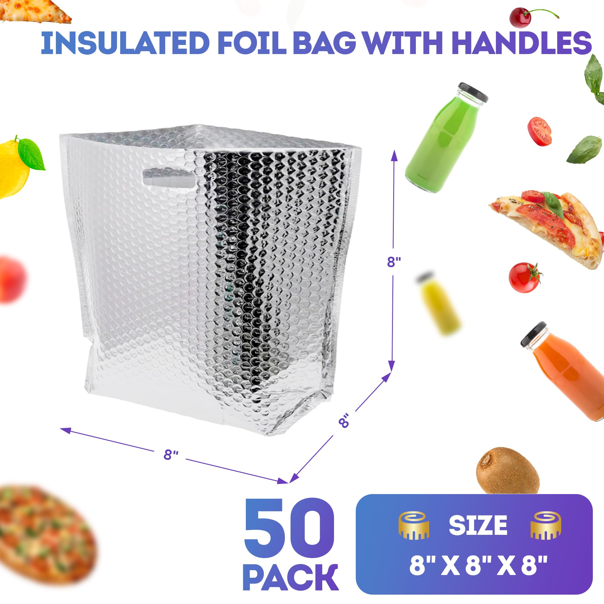 APQ 8x8x8 Inches Insulated Foil Bags with Handles - 50 Pack Thermal Shipping Bags for Frozen Food, Cosmetics & Perishables | Bubble Cushion Lined, Metallized Foil Insulation | Perfect for Meal Prep, Grocery Delivery & Cold Chain Logistics