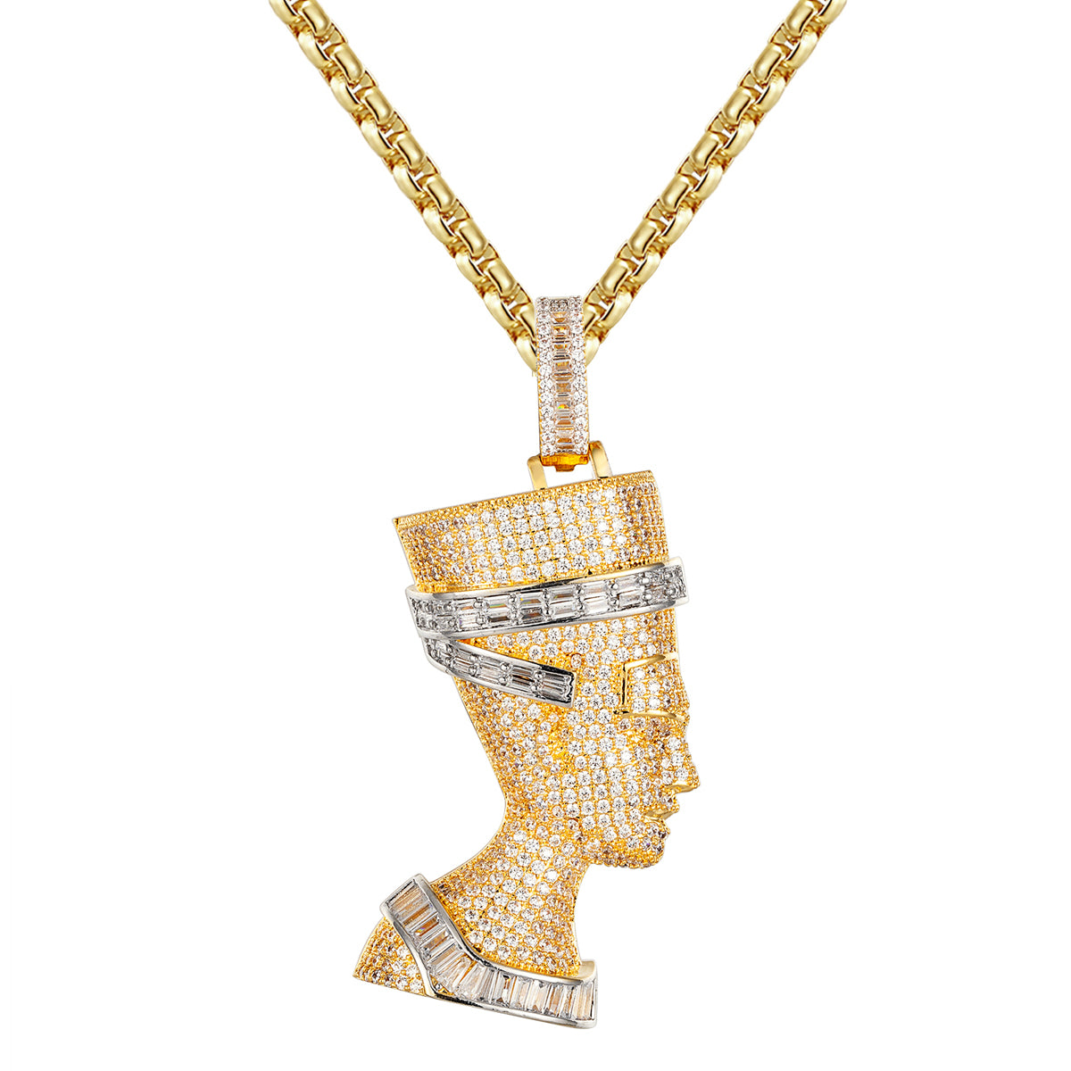 Queen Nefertiti Egyptian Pharaoh Baguette Hip Hop Pendant Necklace - Vintage Egyptian Jewelry for Men & Women - Perfect for Hip Hop Fashion, Costume Parties & Historical Enthusiasts
