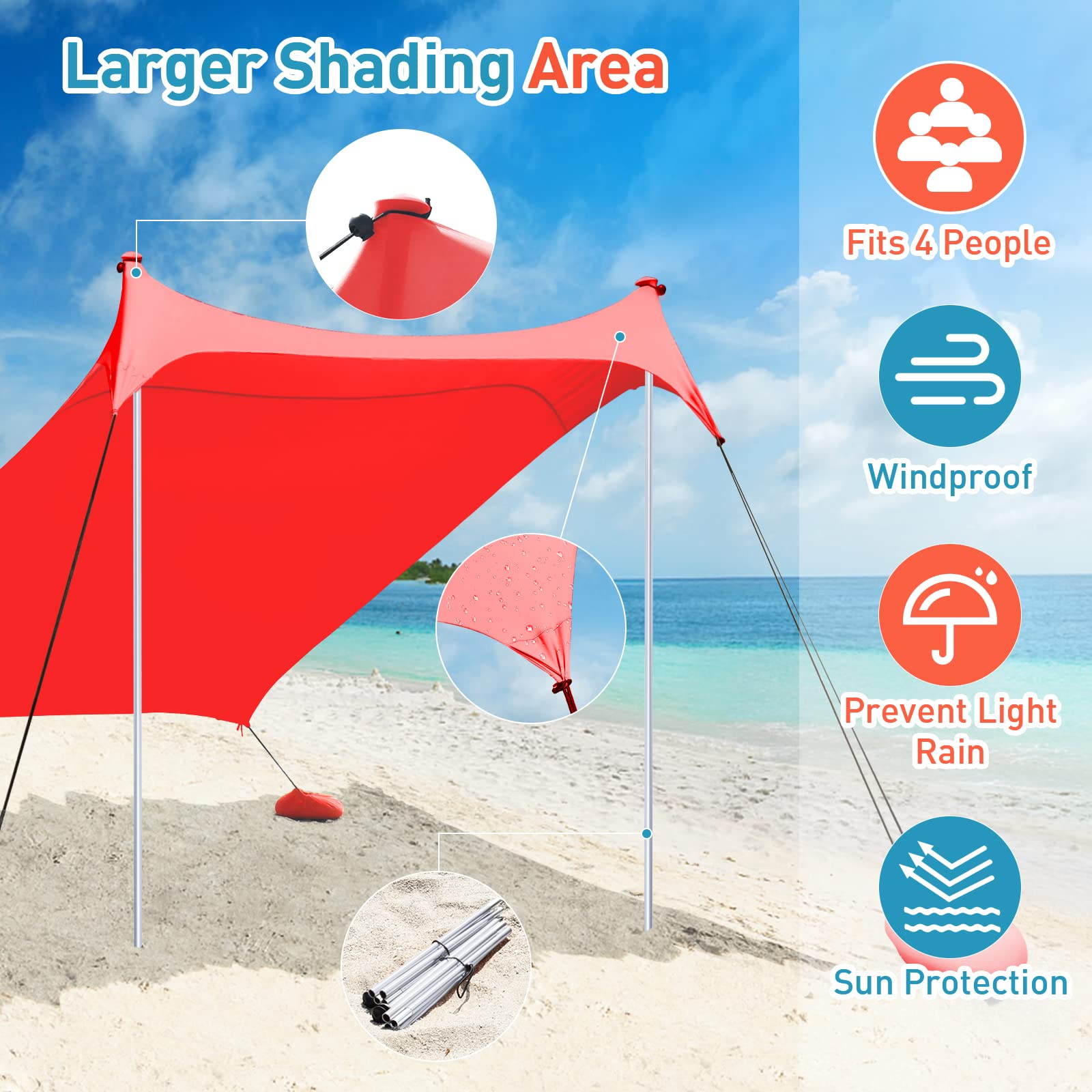 4-5 Person Pop Up Beach Tent with UPF50+ Sun Protection - Portable 7x7 Ft Sun Shelter for Camping, Fishing, Picnics & Outdoor Activities | Includes Carrying Bag (Orange, 2-Pole Design)