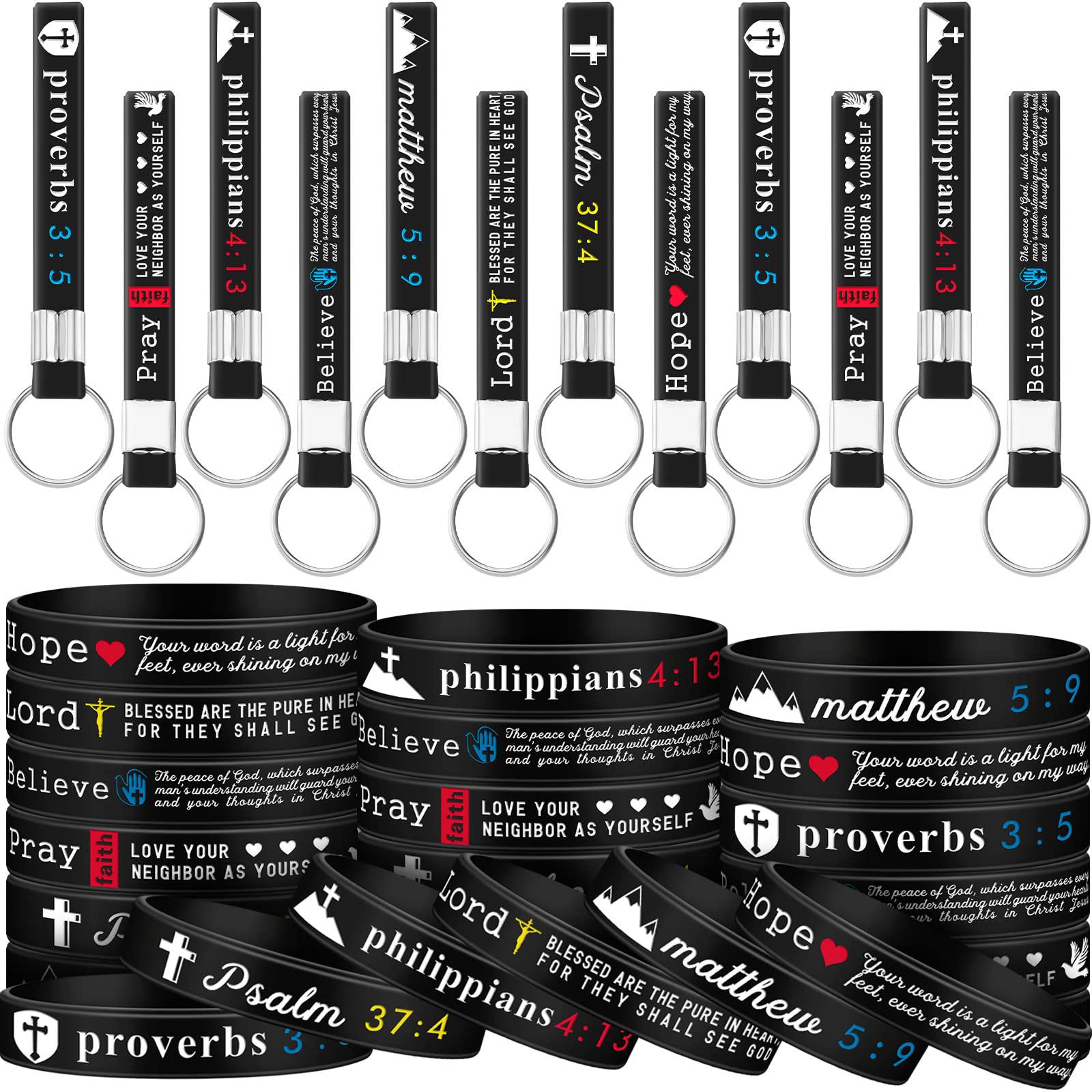 Lewtemi 24 Pcs Christian Keychain Set - Bible Verse Engraved Religious Keychains & Silicone Bracelets, Inspirational Gifts for Faith-Based Events, Church Groups, and Daily Encouragement