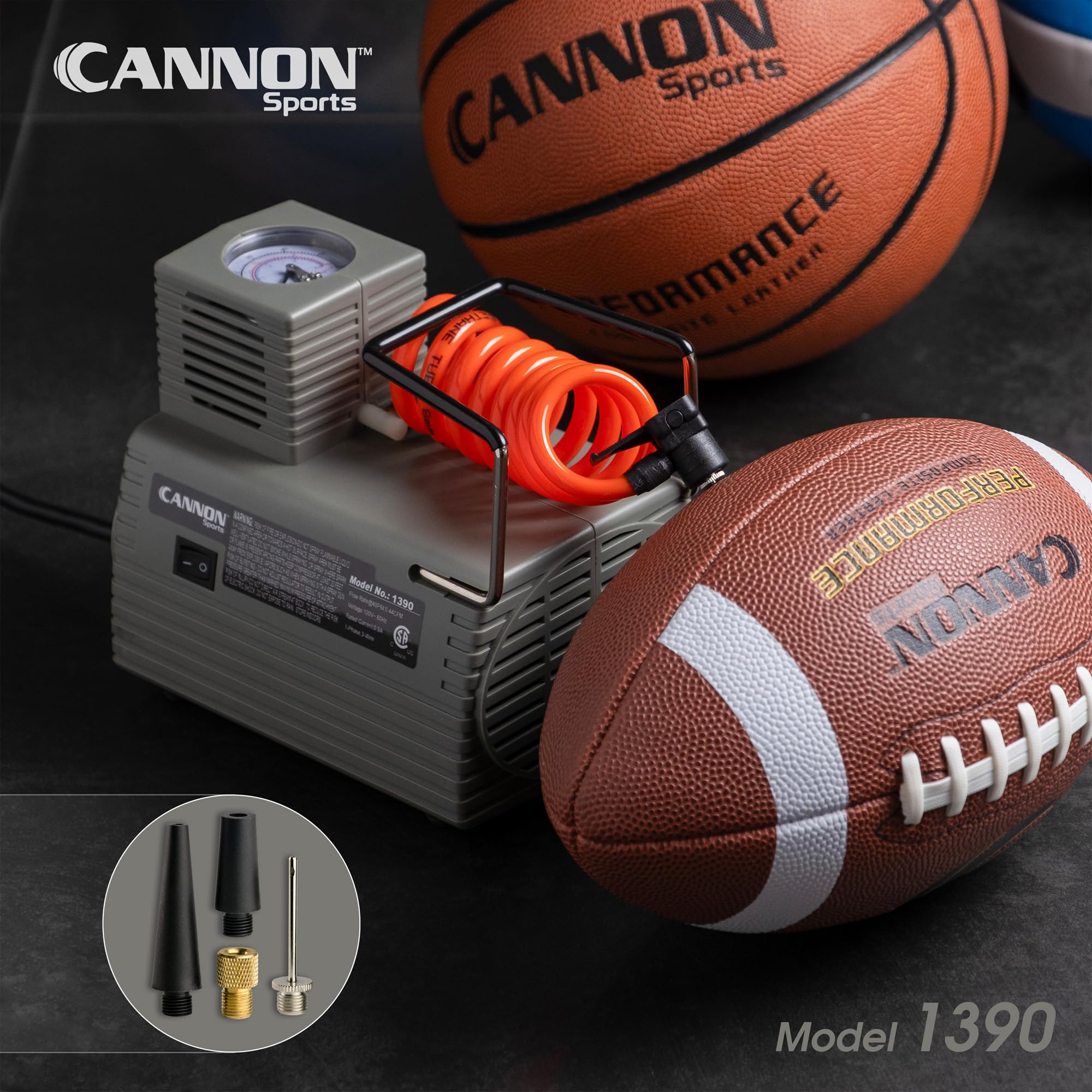 Cannon Sports Electric Ball Inflator Pump with Pressure Gauge - 1/8 HP Oil-Free Air Compressor for Basketballs, Soccer Balls, Exercise Balls, Tires, Pool Floats & Air Mattresses | Portable Inflator for Home, Gym, Camping & Outdoor Activities