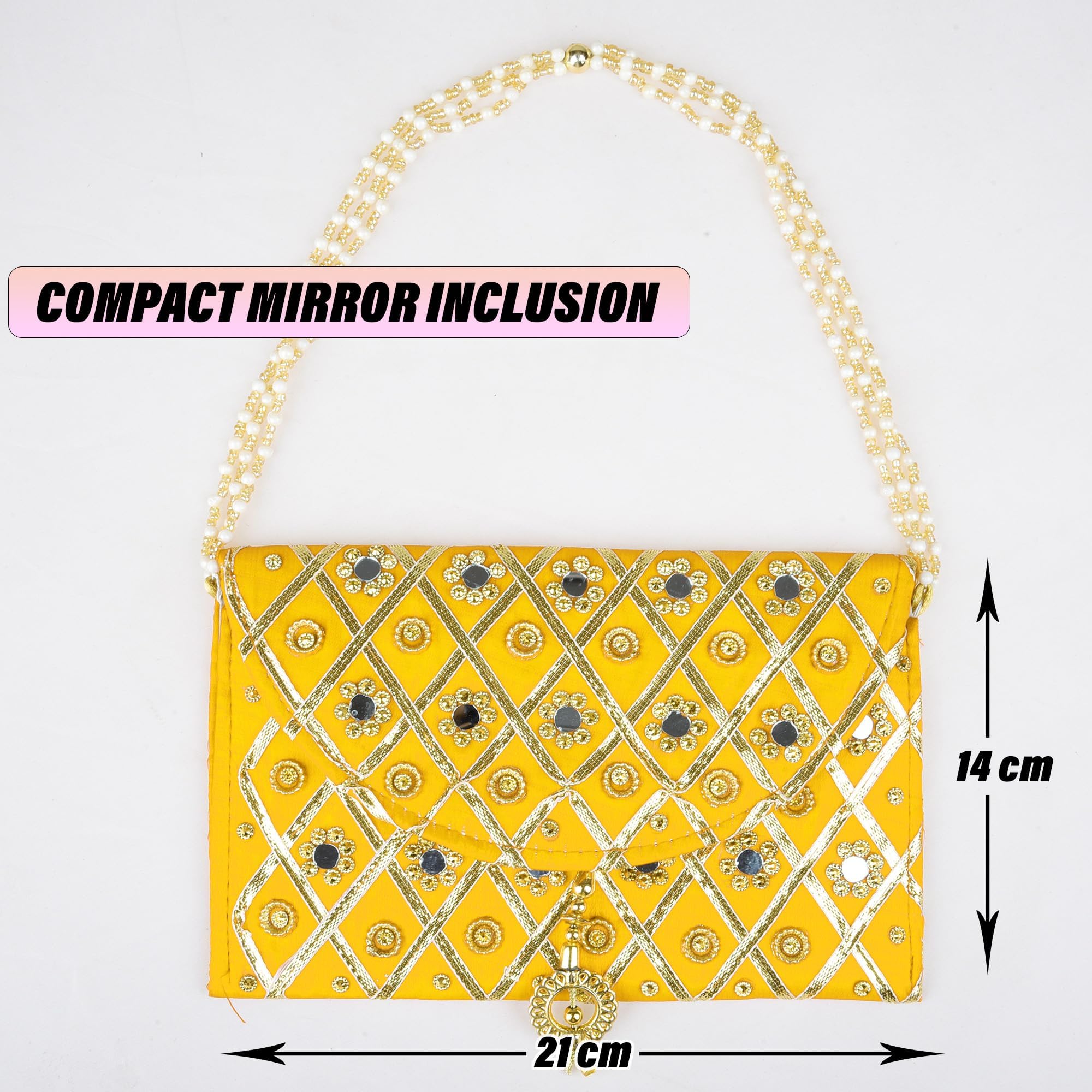 Kuber Industries Women's Clutch Purse with Handle - Traditional Shagun Purse for Baby Shower, Wedding & Gift Giving - Yellow Mirror Check Design - Perfect for Parties, Ceremonies & Special Occasions