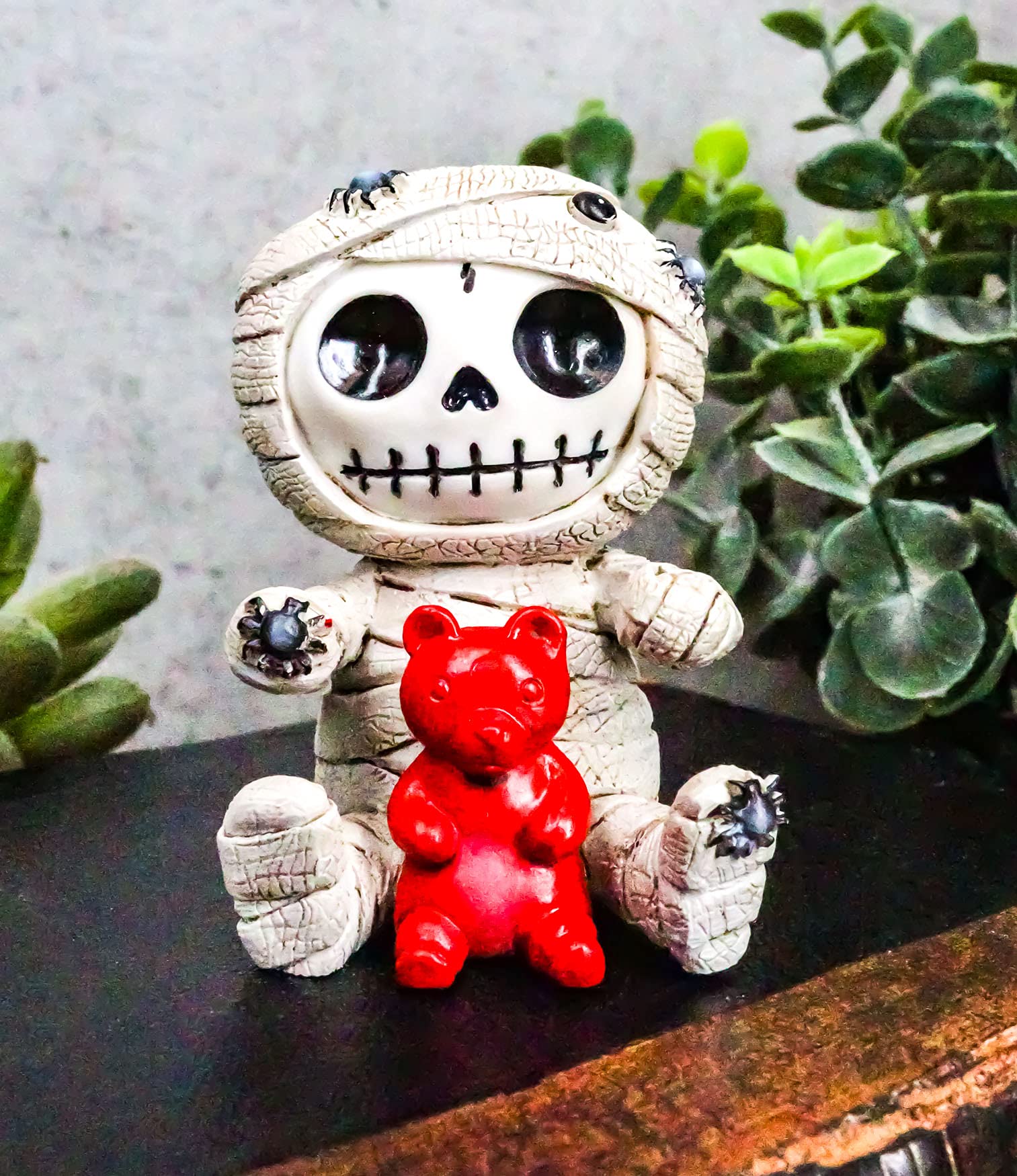 Ebros Egyptian Furrybones Mummy Sarcophagus with Red Teddy Bear & Spiders - 2.75