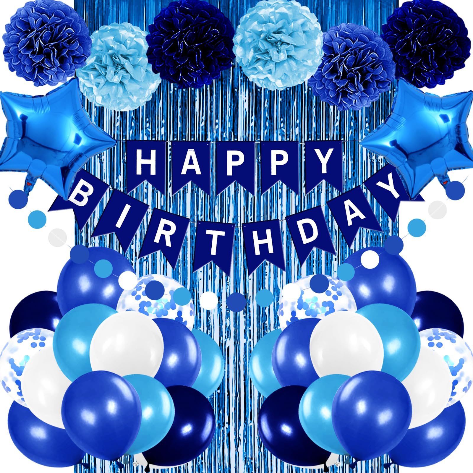 Royal Blue Birthday Party Decorations Set - Happy Birthday Banner, Balloons, Pom Poms & Foil Curtains for Boys, Men & Baby Showers | Perfect for Navy Themed Parties, Baby Boy Celebrations & Gender Reveal Events