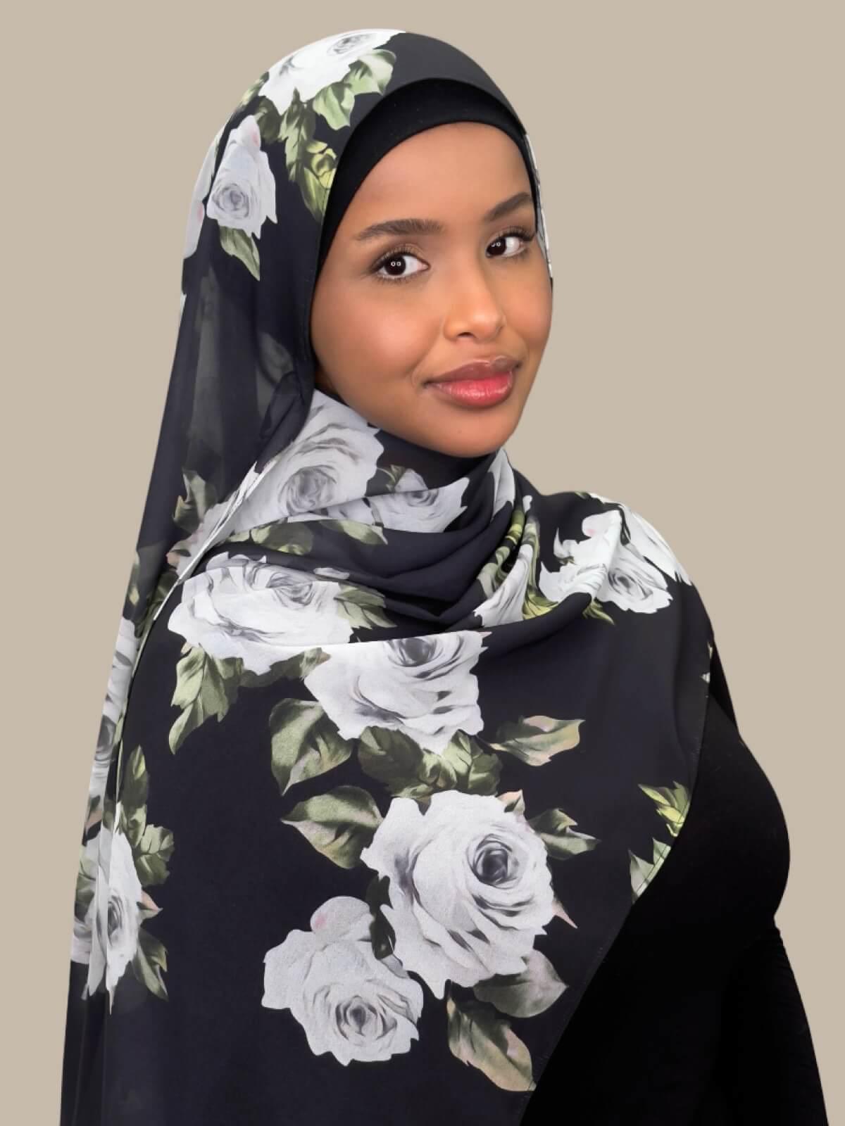 Printed Chiffon Hijab with Frosted Rosette Design - Lightweight Muslim Scarf for Women - Perfect for Daily Wear, Prayer, and Special Occasions