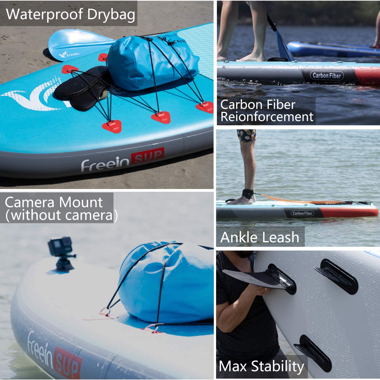 Freein 11' Explorer Inflatable Stand Up Paddle Board with Dual Action Pump & Camera Mount - Light Blue SUP Package for Lakes, Rivers & Ocean Paddling