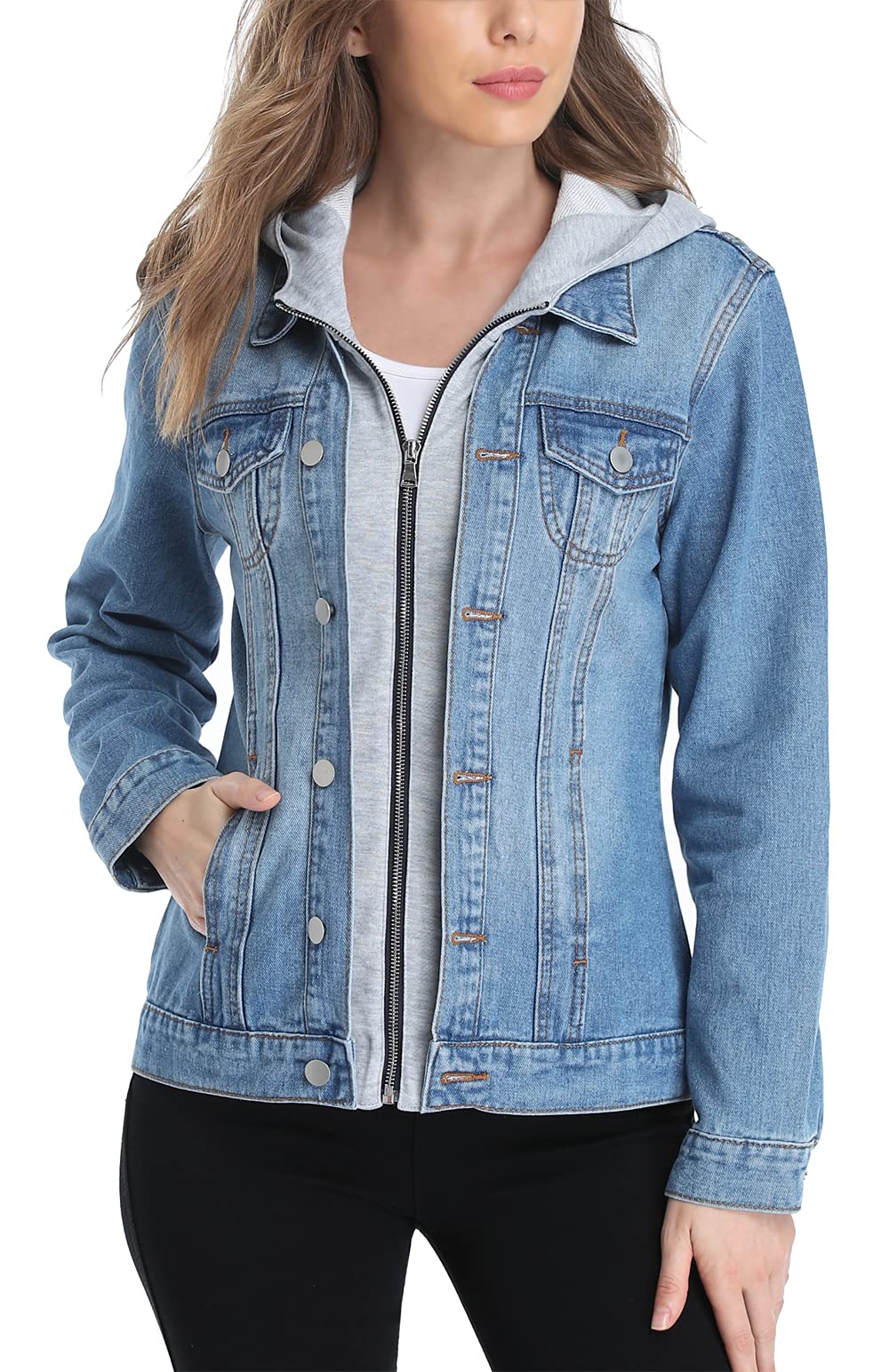 MISS MOLY Women's Denim Jacket with Hood - Casual Layered Drawstring Jean Coat with Pockets | Perfect for Spring/Fall Outfits, Streetwear & Everyday Wear