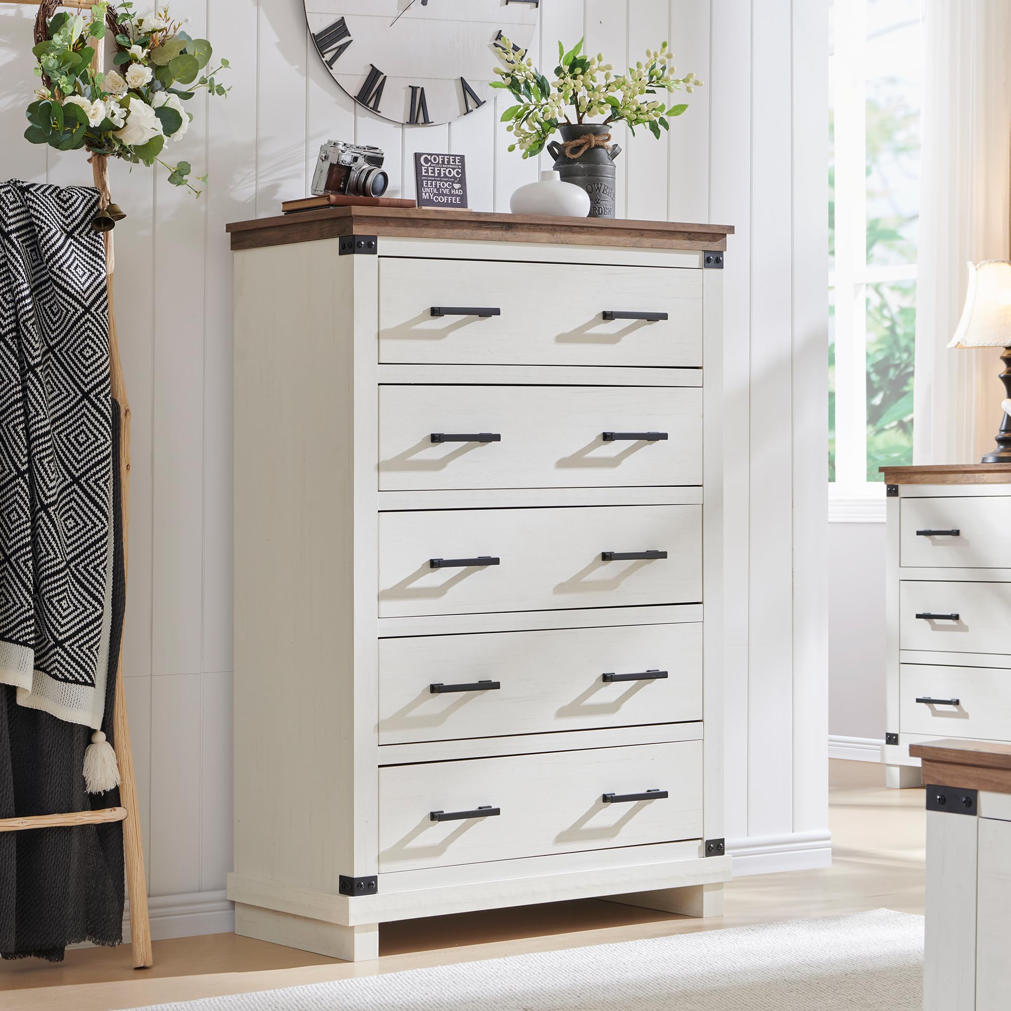 Rustic Farmhouse 5-Drawer Dresser for Bedroom - Solid Wood Tall Chest of Drawers with Thick Plank Design - Antique White Storage Organizer for Closet, Living Room & Bedroom - Perfect for Farmhouse, Vintage & Shabby Chic Home Decor