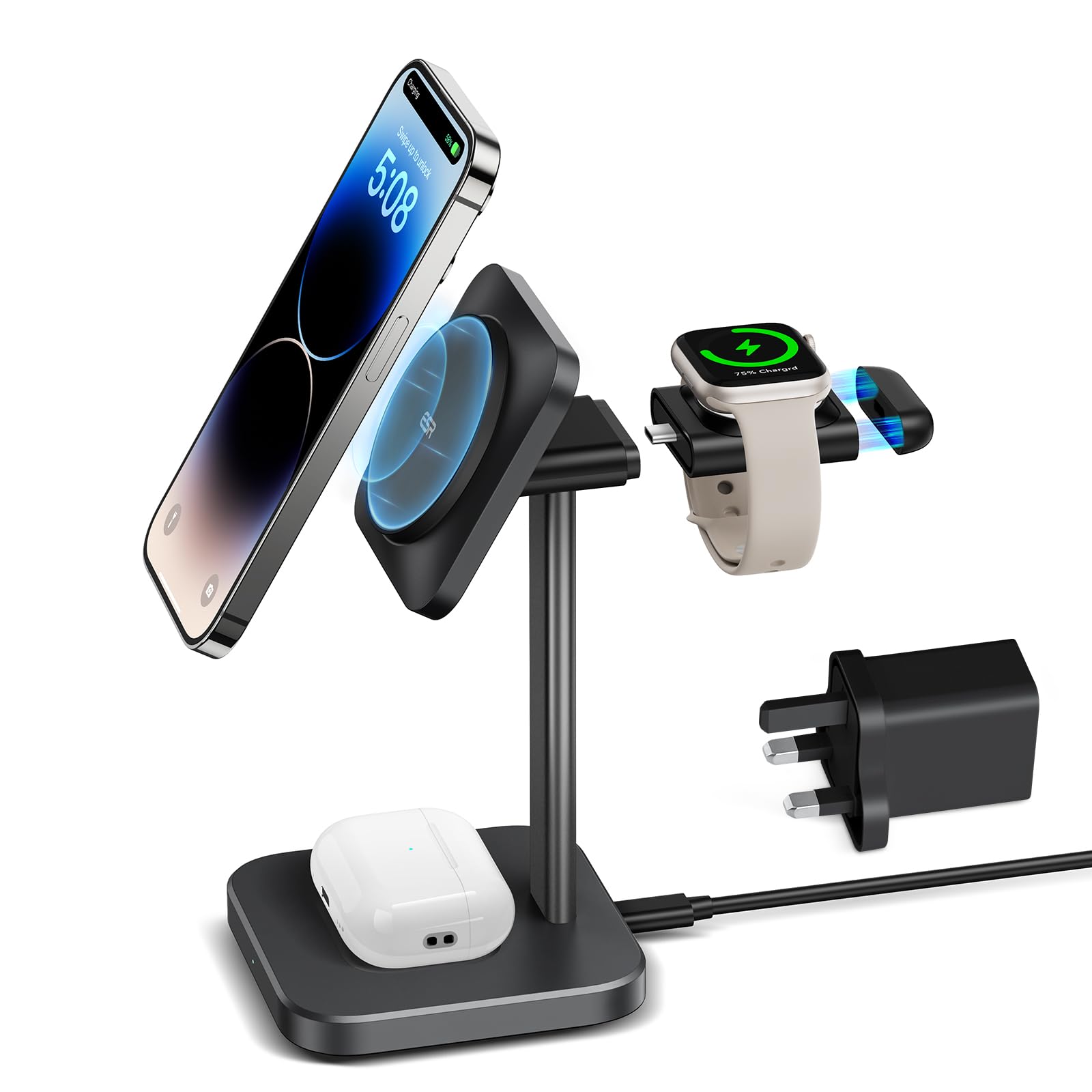 ESR 3-in-1 MagSafe Wireless Charging Station - Fast Magnetic Charger Stand for iPhone 16/15/14/13/12 Series, Apple Watch (Certified), AirPods 4/3/Pro - Perfect for Nightstand, Office Desk & Travel (Black)