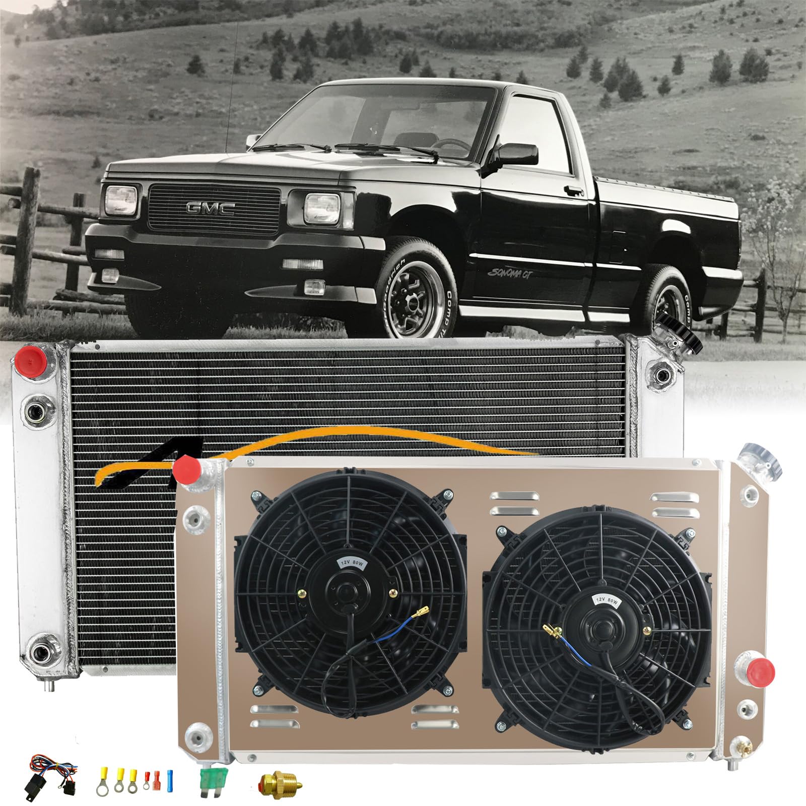 1994-2005 Chevy Blazer S10 GMC Sonoma Jimmy Isuzu Hombre 4.3L V6 Aluminum CU1826 Radiator - 3 Row Core with Shroud Fan Relay Kits - Perfect for Engine Cooling & Off-Road Adventures