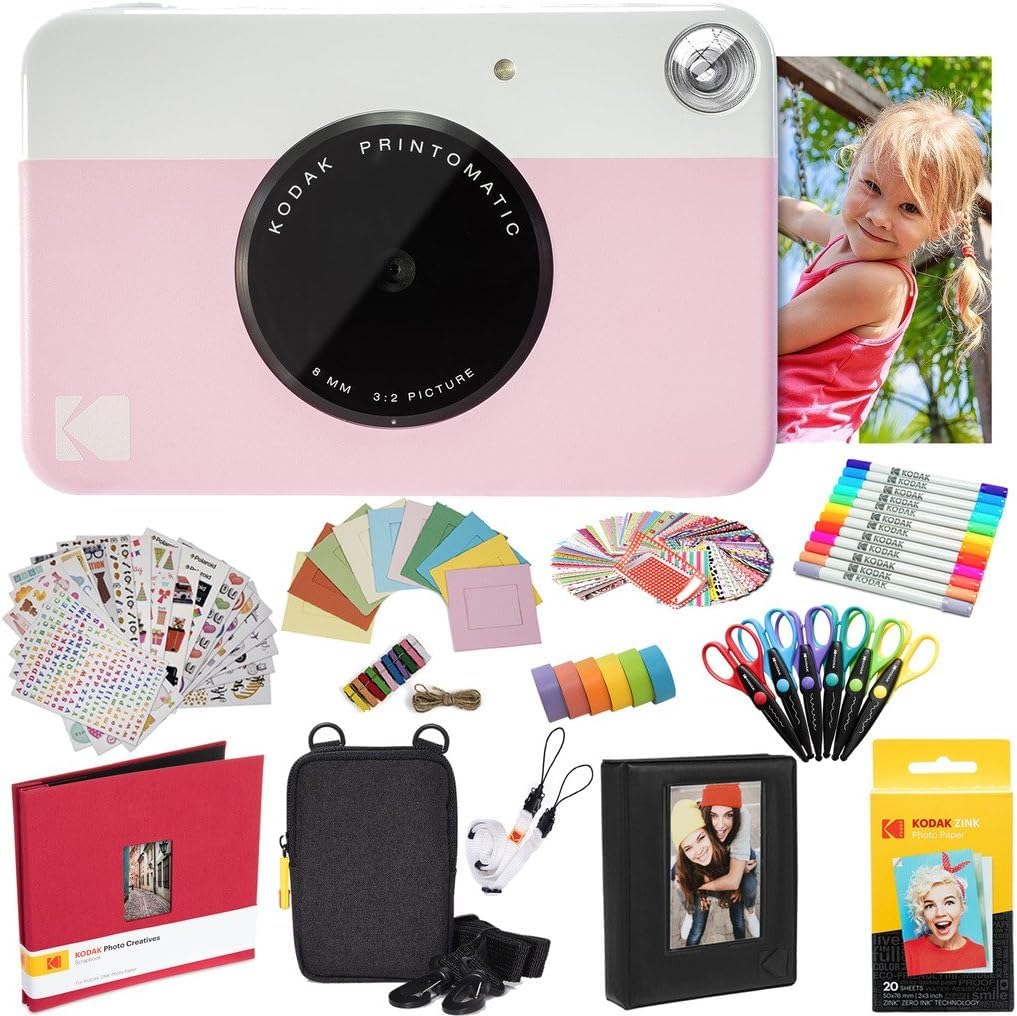 KODAK Printomatic Instant Camera Bundle - Pink | Includes Zink Photo Paper (20 Sheets), Deluxe Case, Photo Album, Stickers, Markers & Scissors | Perfect for Parties, Travel & DIY Scrapbooking