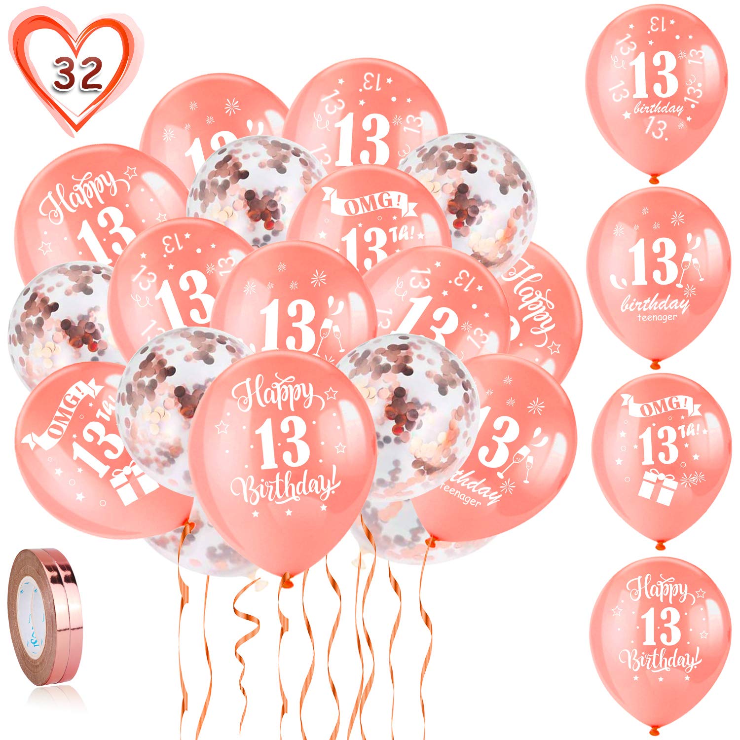 HOWAF 13th Birthday Balloons - Pack of 30 Rose Gold Confetti Balloons with 2 Ribbons for Teen Birthday Party Decorations | Perfect for 13th Birthday Celebrations, Sweet 16 Parties & Milestone Decor