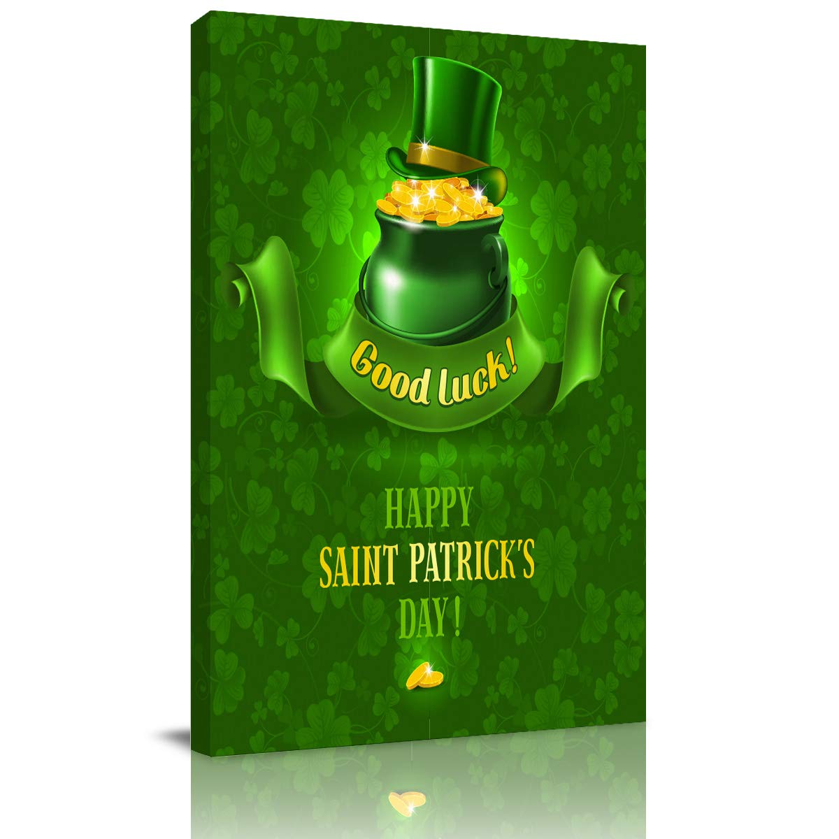 Happy St. Patrick's Day Wall Art - Modern Good Luck Clover Hats & Coins Wooden Framed Canvas Print - 20x28 Inch Irish Decor for Living Room, Bedroom, Hallway - Perfect for Holiday Gifts & Home Decoration