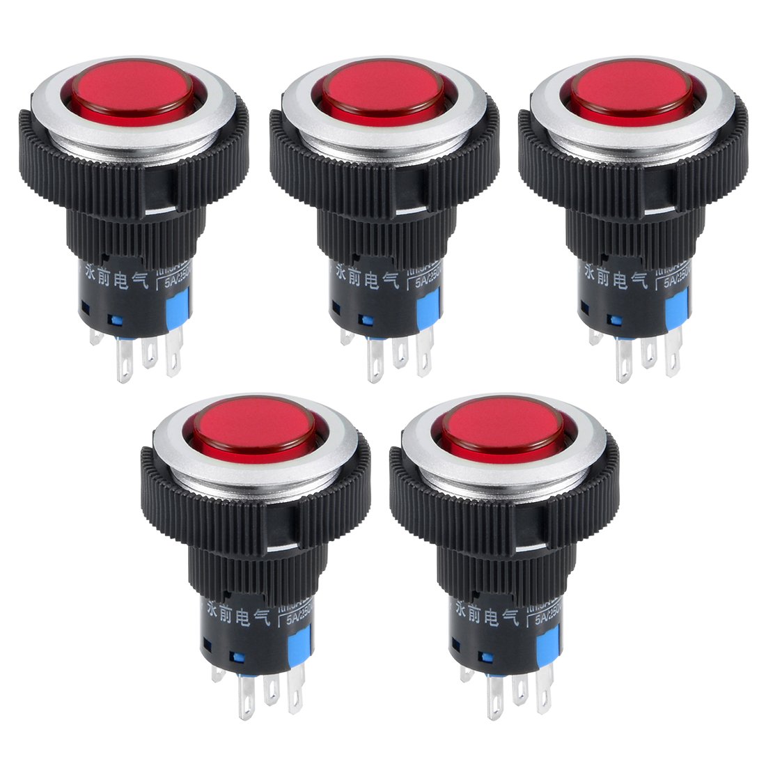 uxcell 5 Pcs 22mm Momentary Push Button Switch with Red LED Light - 1 NO 1 NC Contact, 24V, Round Button with Fixed Ring - Perfect for Industrial Control Panels, Machinery, and DIY Electronics Projects