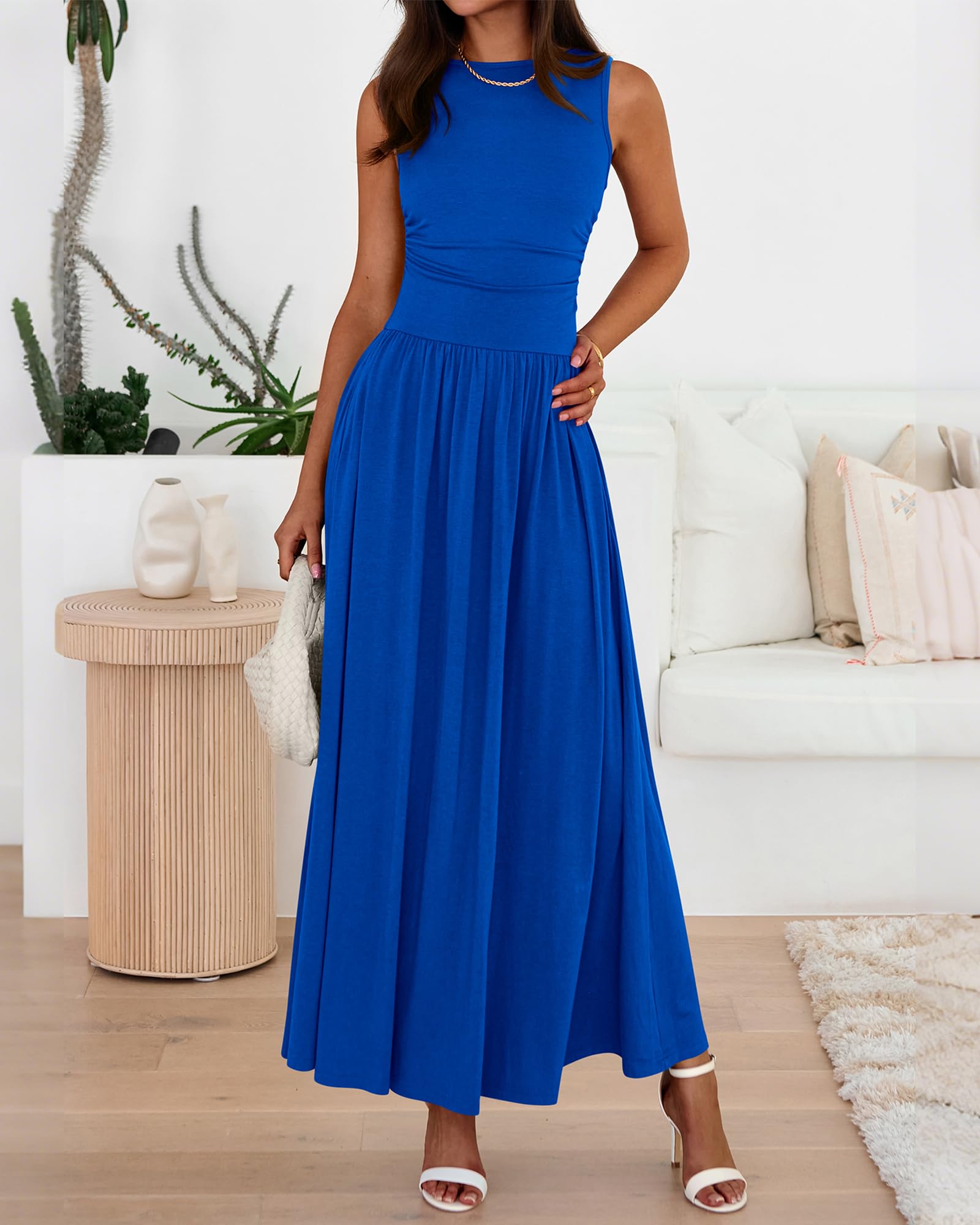 BTFBM Women's Summer Maxi Dress 2025 - Sleeveless Casual Ruched High Waist Tank Long Sundress, Flowy Beach Dress for Vacation, Pool Party & Outdoor Activities