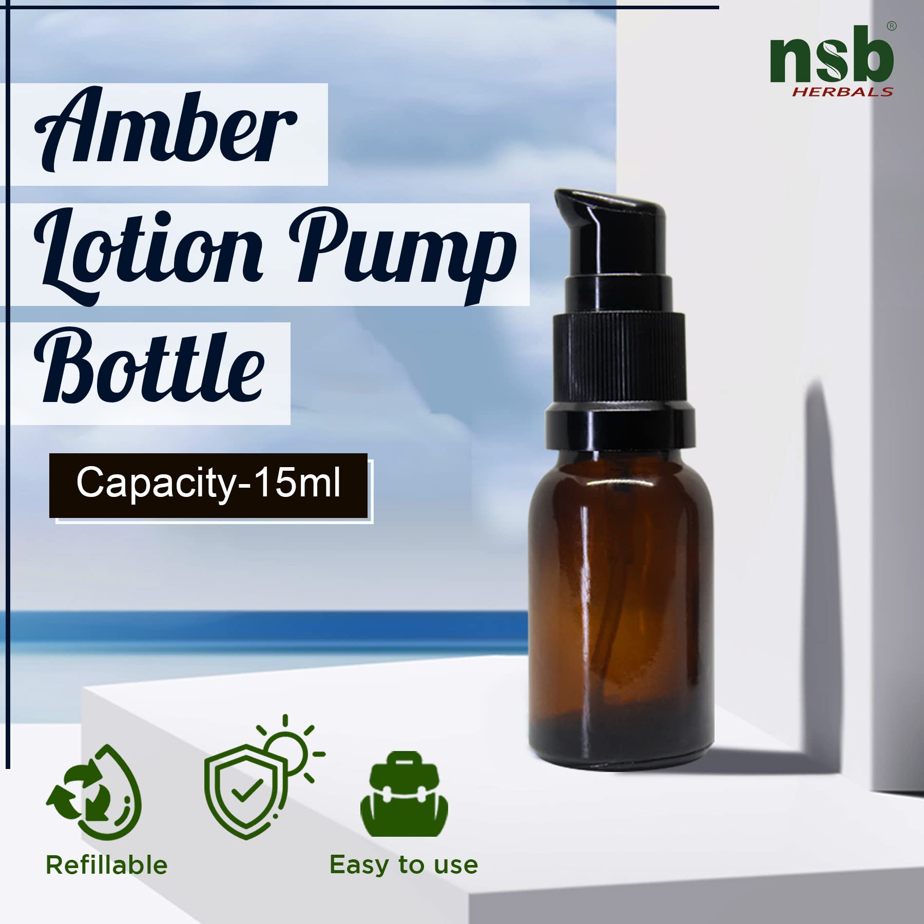 15ml Amber Glass Bottle with Pump for Essential Oils & DIY Skincare - Pack of 24
