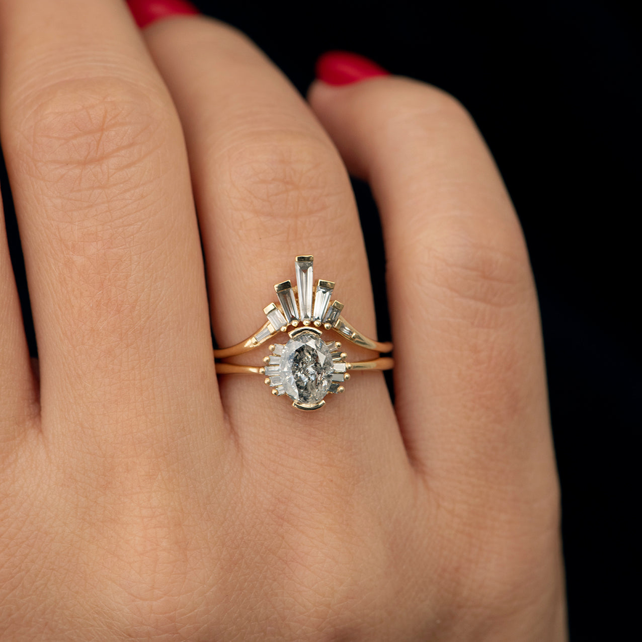 Exquisite Oval Cut Salt and Pepper Diamond Engagement Ring with Baguette Accents - Perfect for Proposals, Anniversaries & Romantic Occasions