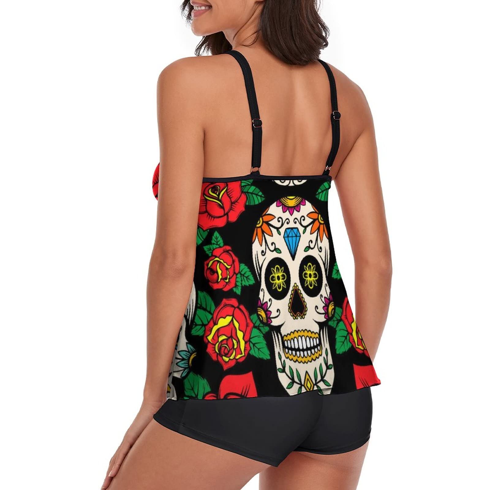 Women's Quick Dry Tummy Control Tankini Swimwear Set - Floral Rose & Sugar Skull Print Adjustable Strap Bathing Suit for Beach, Pool, Vacation & Summer Activities