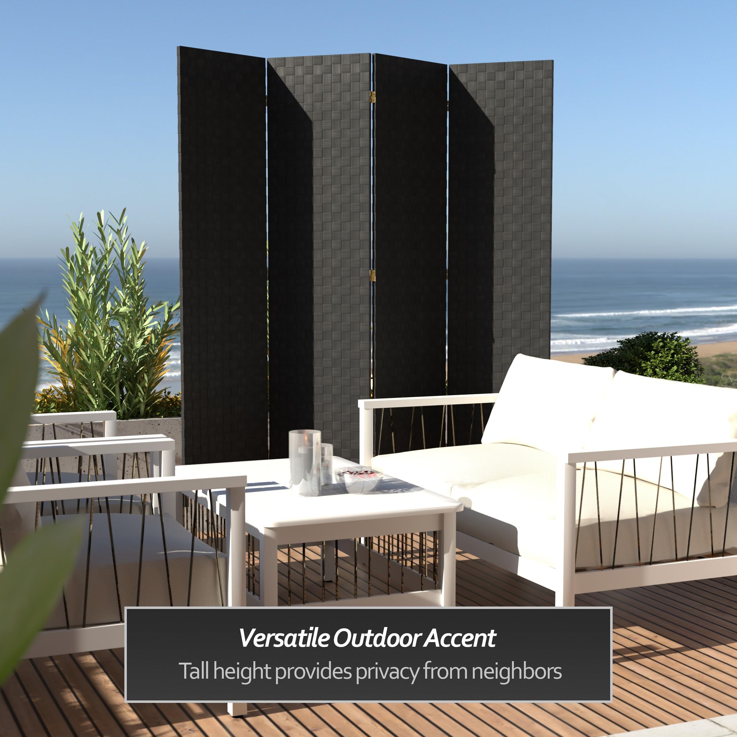 6 ft. Tall Black Woven Fiber Outdoor All-Weather Red Lantern Room Divider - 4 Panel Privacy Screen for Patio, Garden, or Indoor Space Decoration