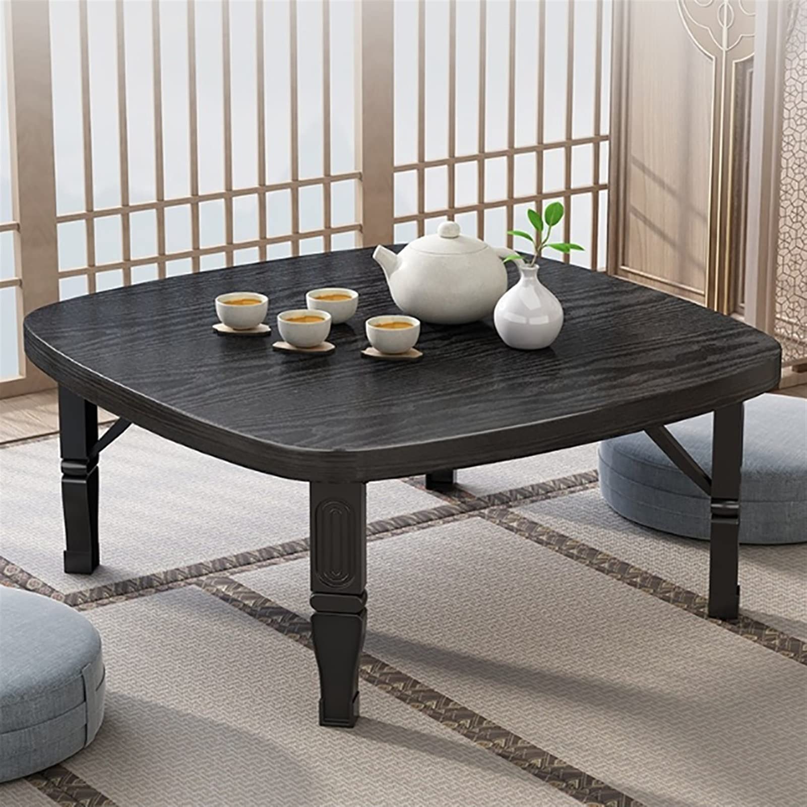 Japanese-Style Folding Low Table - 70cm Square Study Desk & Dining Table for Small Spaces - Tatami Bedroom, Bay Window, or Living Room - 7 Color Options (H35CM) - Perfect for Meditation, Tea Ceremony & Compact Living
