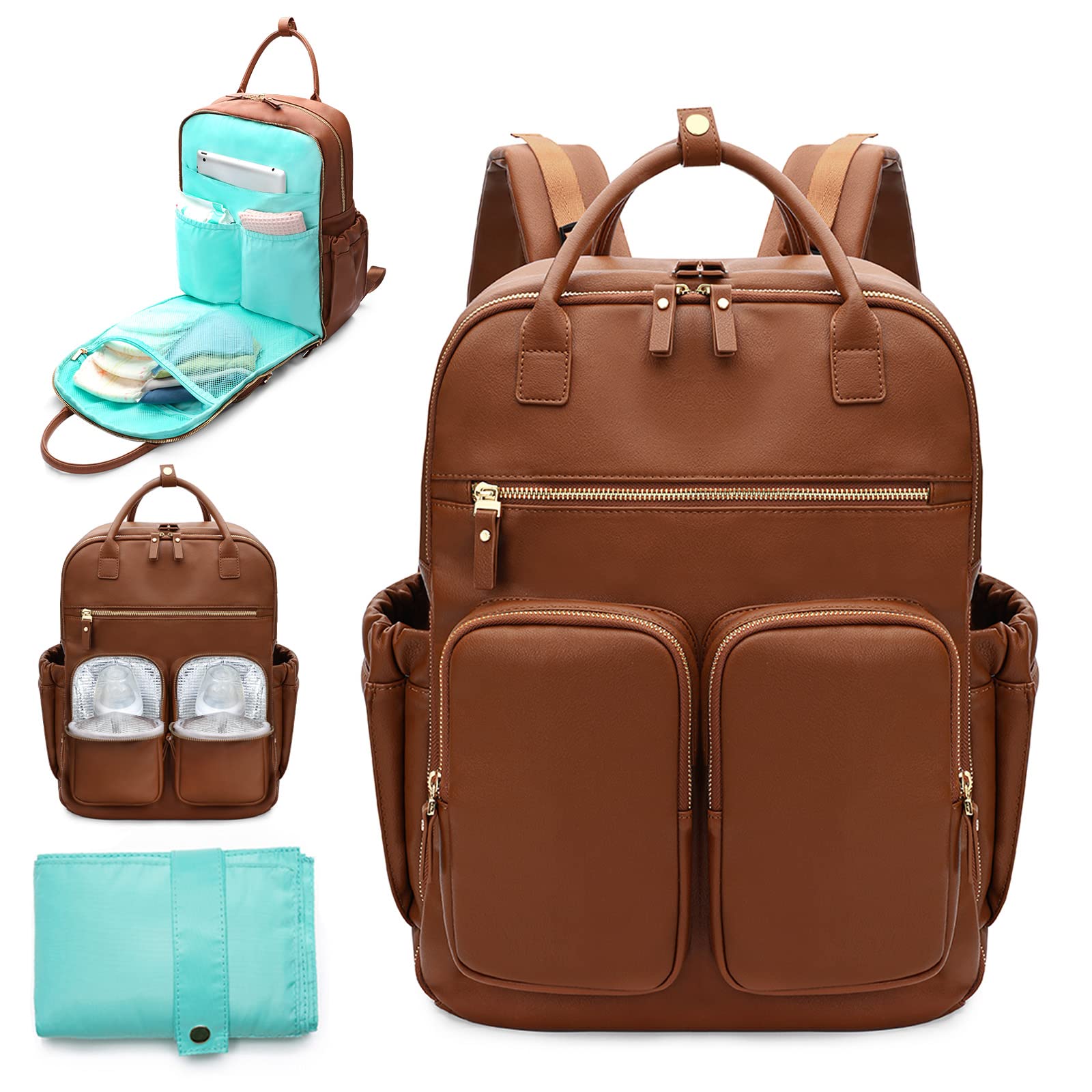 Premium Leather Diaper Backpack for Moms - 18 Pockets, Large Wet Bag & 4 Insulated Pockets | Waterproof Baby Bag for Travel, Daycare & Stroller Use | Stylish Diaper Bag for Women (Brown)