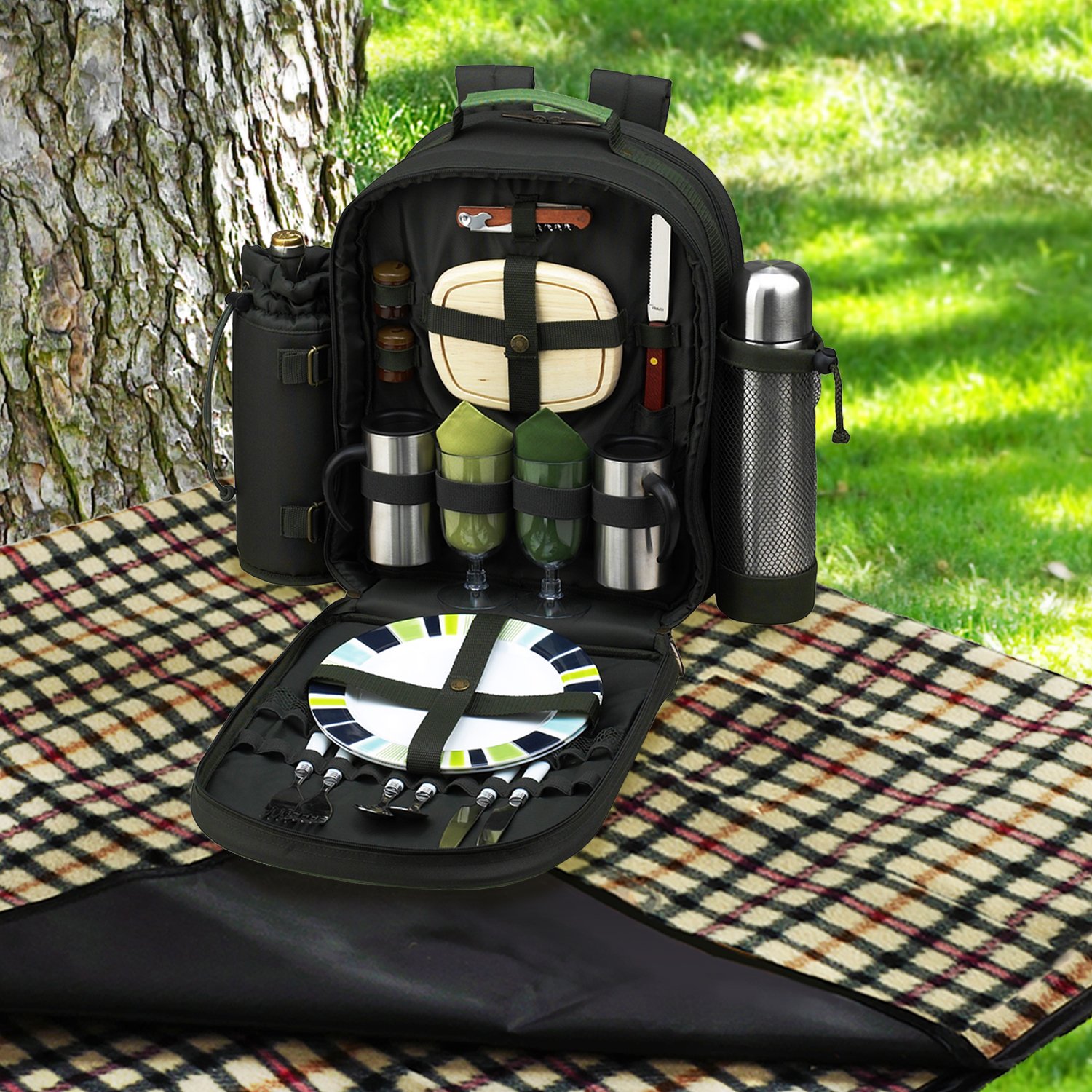 Premium 2-Person Picnic Backpack Set with Insulated Cooler, Wine Holder & Coffee Service - Forest Green Picnic Essentials for Outdoor Adventures, Beach Trips & Romantic Dates