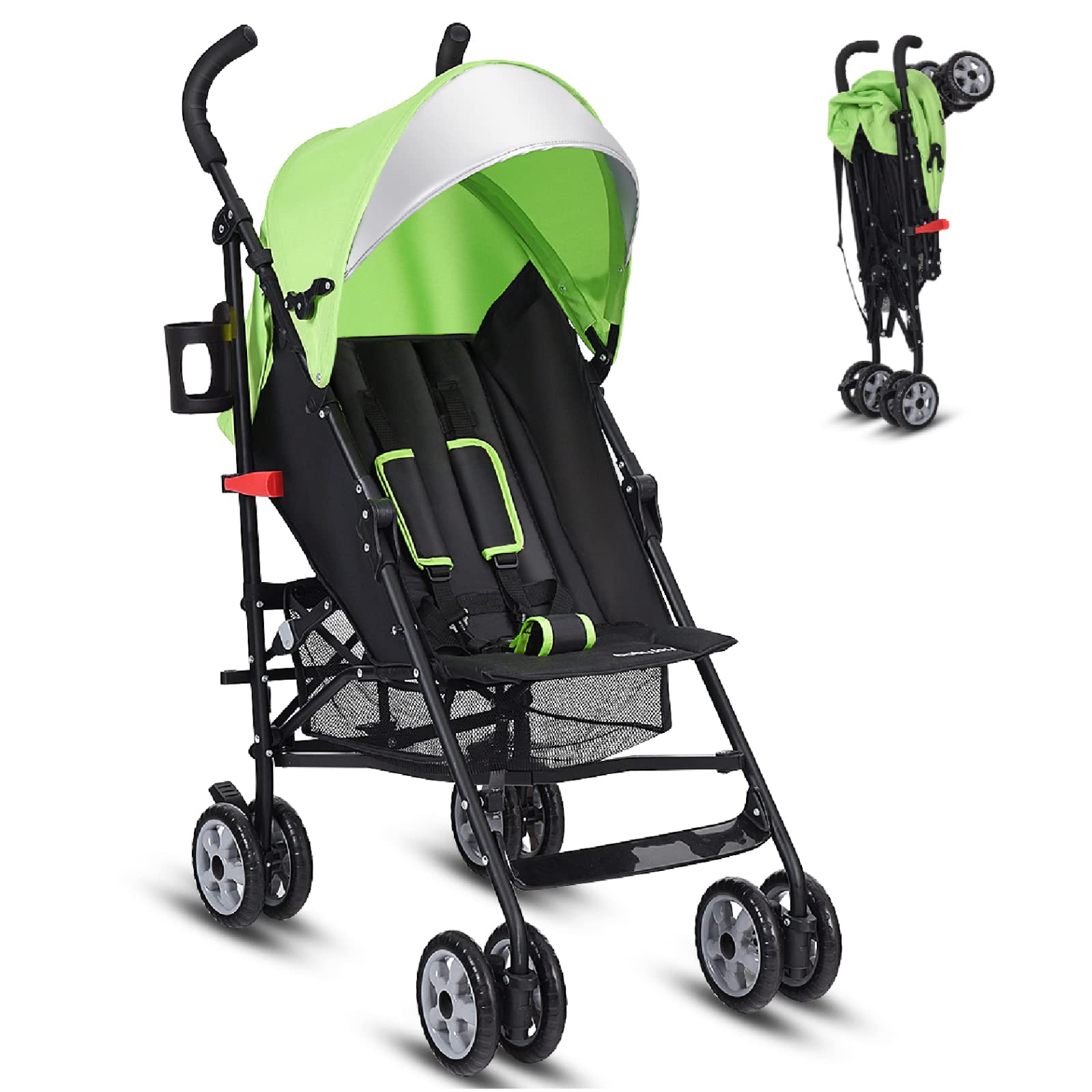 HONEY JOY Lightweight Compact Baby Stroller for Travel - Adjustable Canopy & Reclining Seat with 5-Point Safety Harness, Cup Holder & Storage Basket | Foldable Umbrella Stroller for Toddlers | Perfect for Airplane, Shopping & Daily Walks (Green)