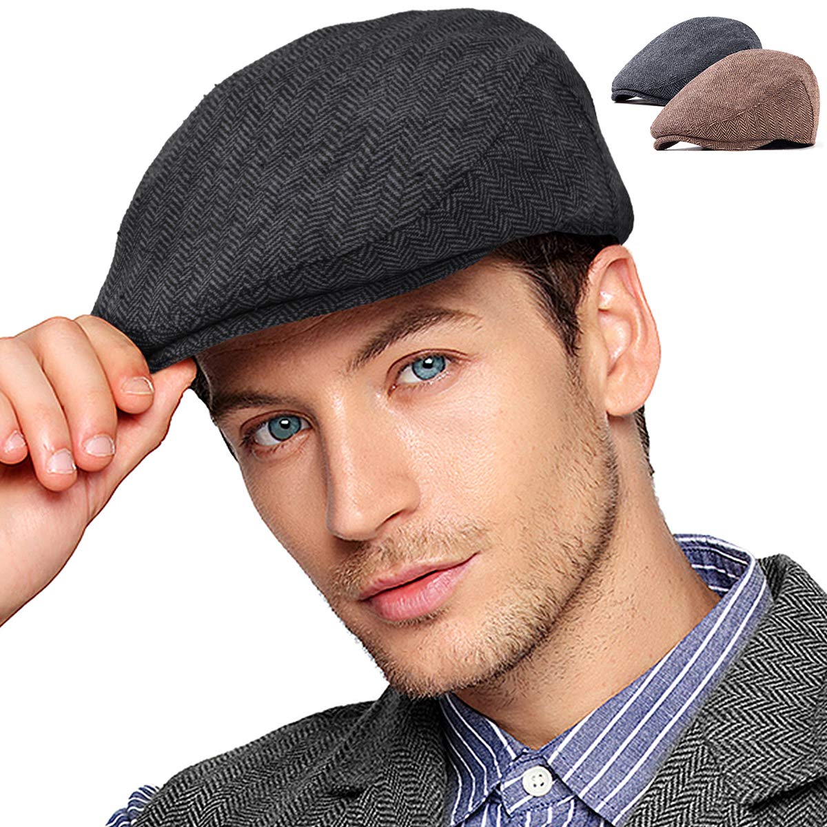 LADYBRO 2-Pack Adjustable Newsboy Caps for Men - Wool Blend Tweed Flat Hats | Vintage Irish Cabbie Style for Outdoor Activities, Casual Wear & Fashion Accessories