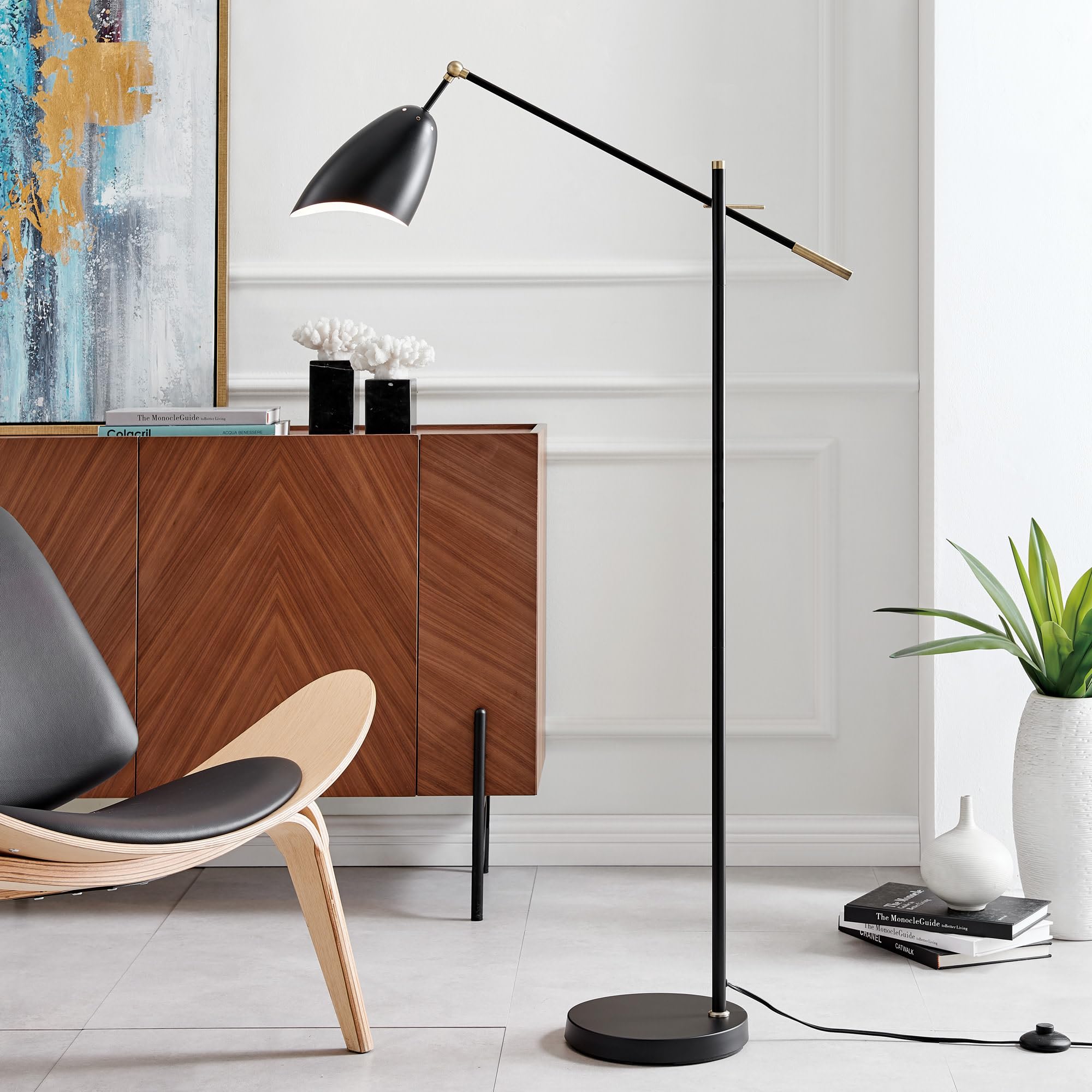 Lite Source Tanko Adjustable Reading Floor Lamp in Black & Antique Brass - Perfect for Living Room, Bedroom, or Office Lighting
