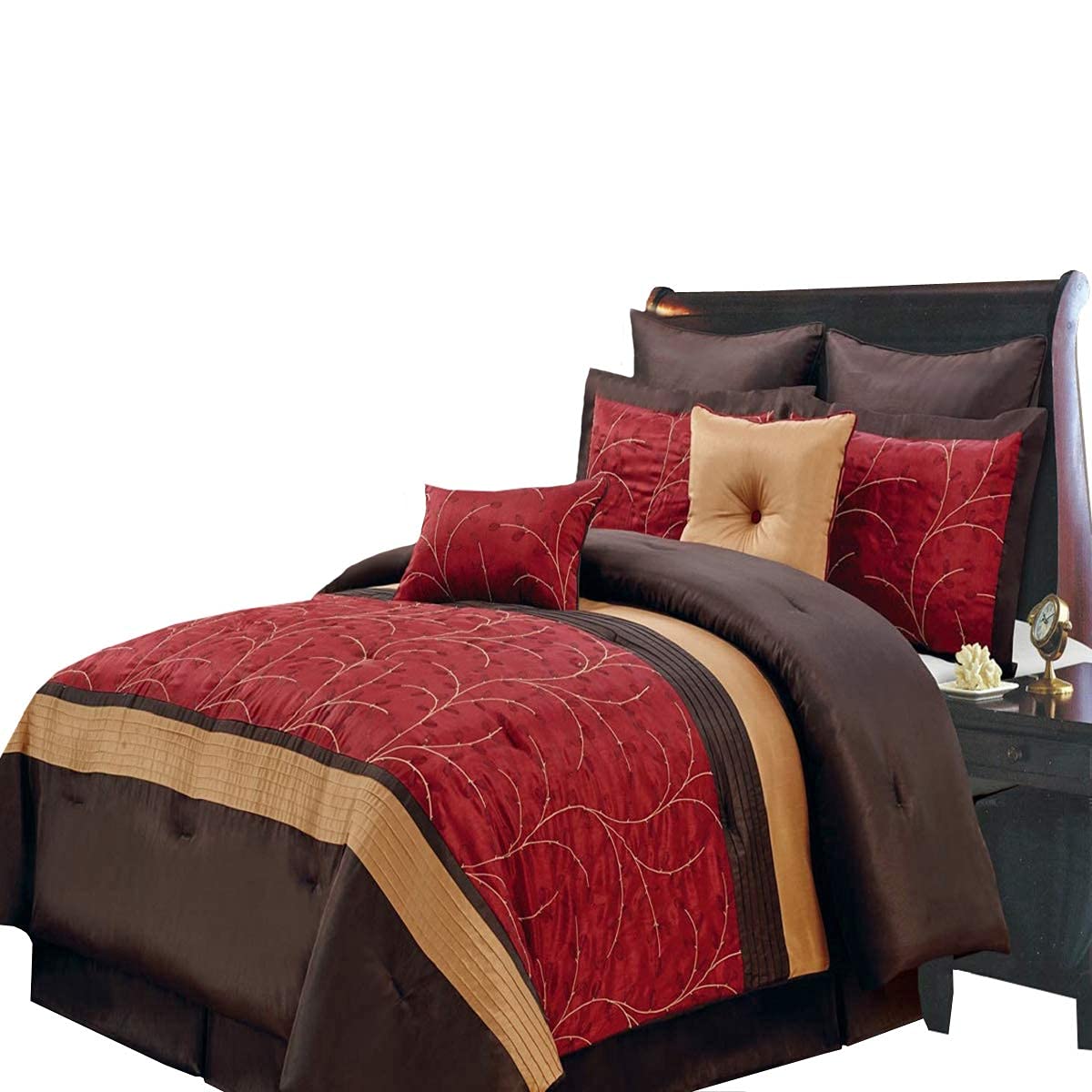 Luxury Royal Hotel Bedding 8-Piece Comforter Set - Atlantis Red, Gold & Chocolate - Cal King Size | Includes Comforter, Bed Skirt, Pillow Shams & Decorative Pillows | Perfect for Master Bedroom, Guest Room & Upscale Hotels