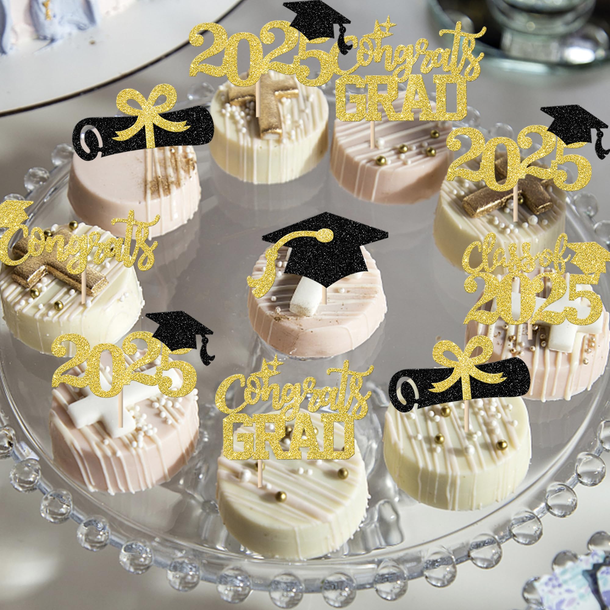 24 Pack 2025 Graduation Cupcake Toppers - Gold Glitter Congrats Grad Class of 2025 Cap & Diploma Cake Decorations - Perfect for Graduation Parties, School Celebrations & Dessert Table Decor