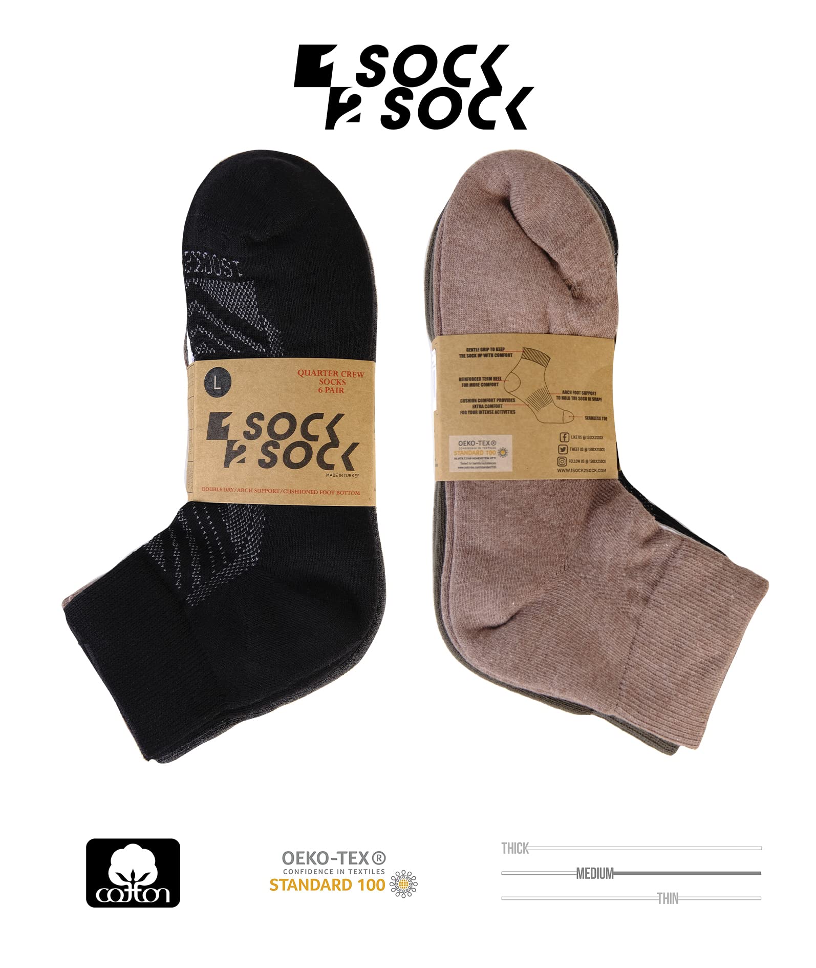 1SOCK2SOCK 6 Pack Breathable Cotton Athletic Ankle Socks for Men & Women - Cushioned Running Socks with Arch Support - Perfect for Gym, Jogging & Daily Wear