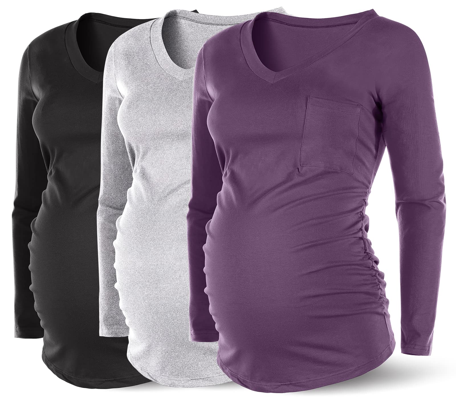 RNXRBB Maternity Shirts for Women - 3 Pack V-Neck Pregnancy Tops with Long & Short Sleeve Options - Comfortable Summer Maternity Clothes for Work, Casual Wear and Everyday Use