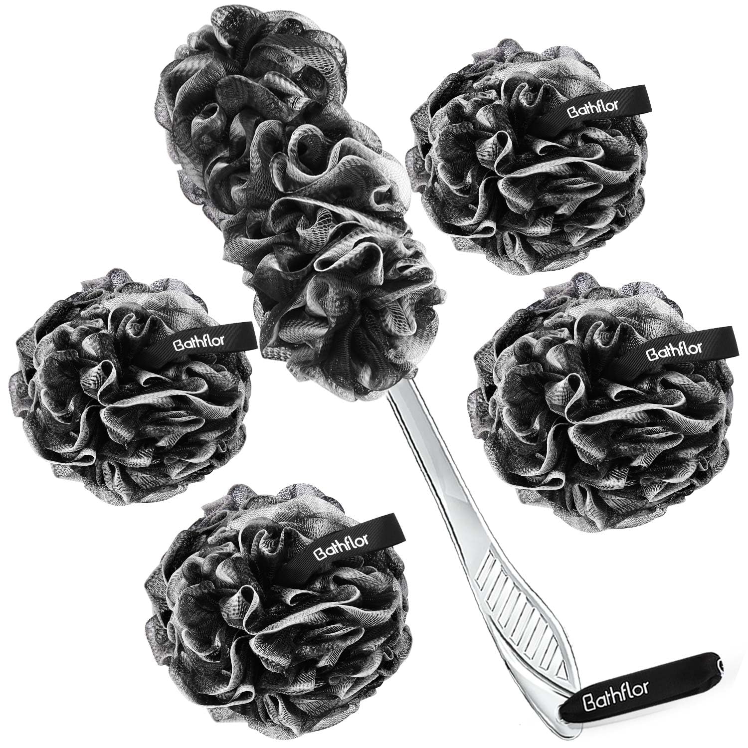 Premium Exfoliating Loofah Sponge Set - 4 Large 80g Shower Poufs + Back Scrubber with Long Handle + Luffa Hook - Charcoal Body Wash Scrub for Deep Cleansing - Perfect for Spa, Bath & Shower - Ideal Gift for Women & Men