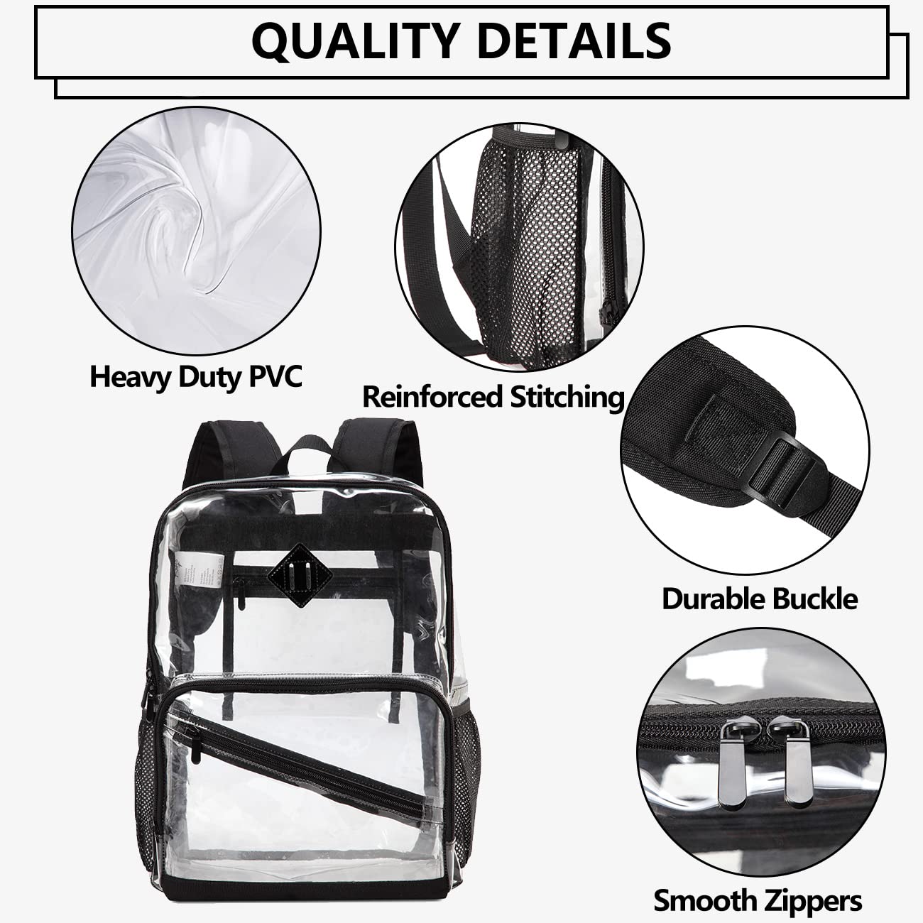 Kasqo 15.6 Inch Clear Backpack - Heavy Duty PVC Transparent School Backpack for College, Work & Travel | Stadium Approved See Through Backpack | Perfect for Sports Events, Airport Security & Daily Commute