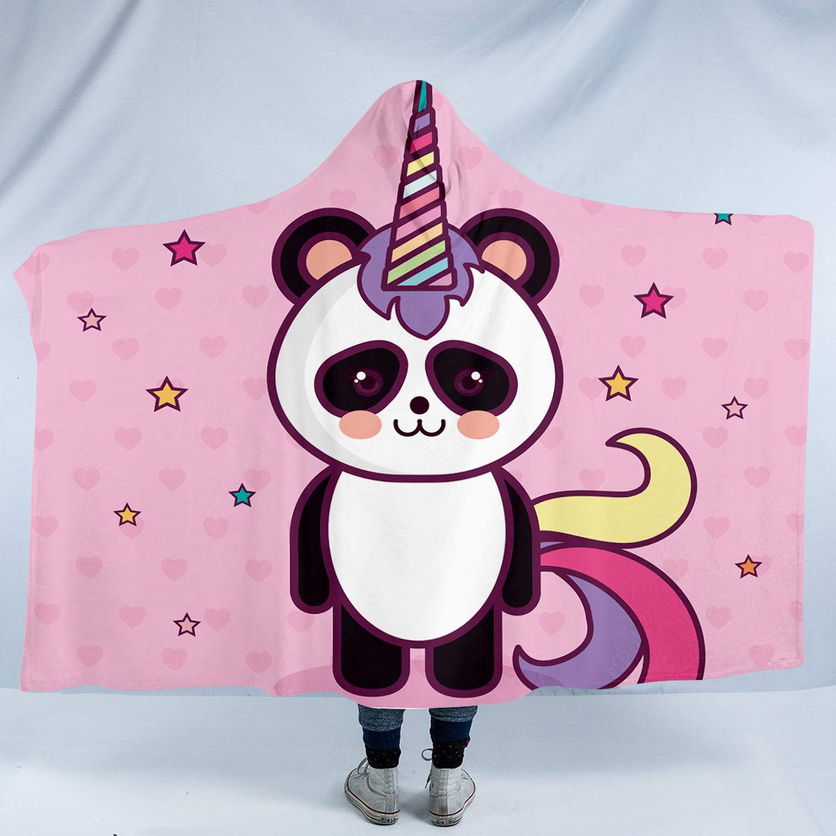 Sleepwish Sherpa Hooded Blanket - Animal Print, Cute Rainbow Panda Unicorn Wearable Fleece Blanket with Hood for Adults (60