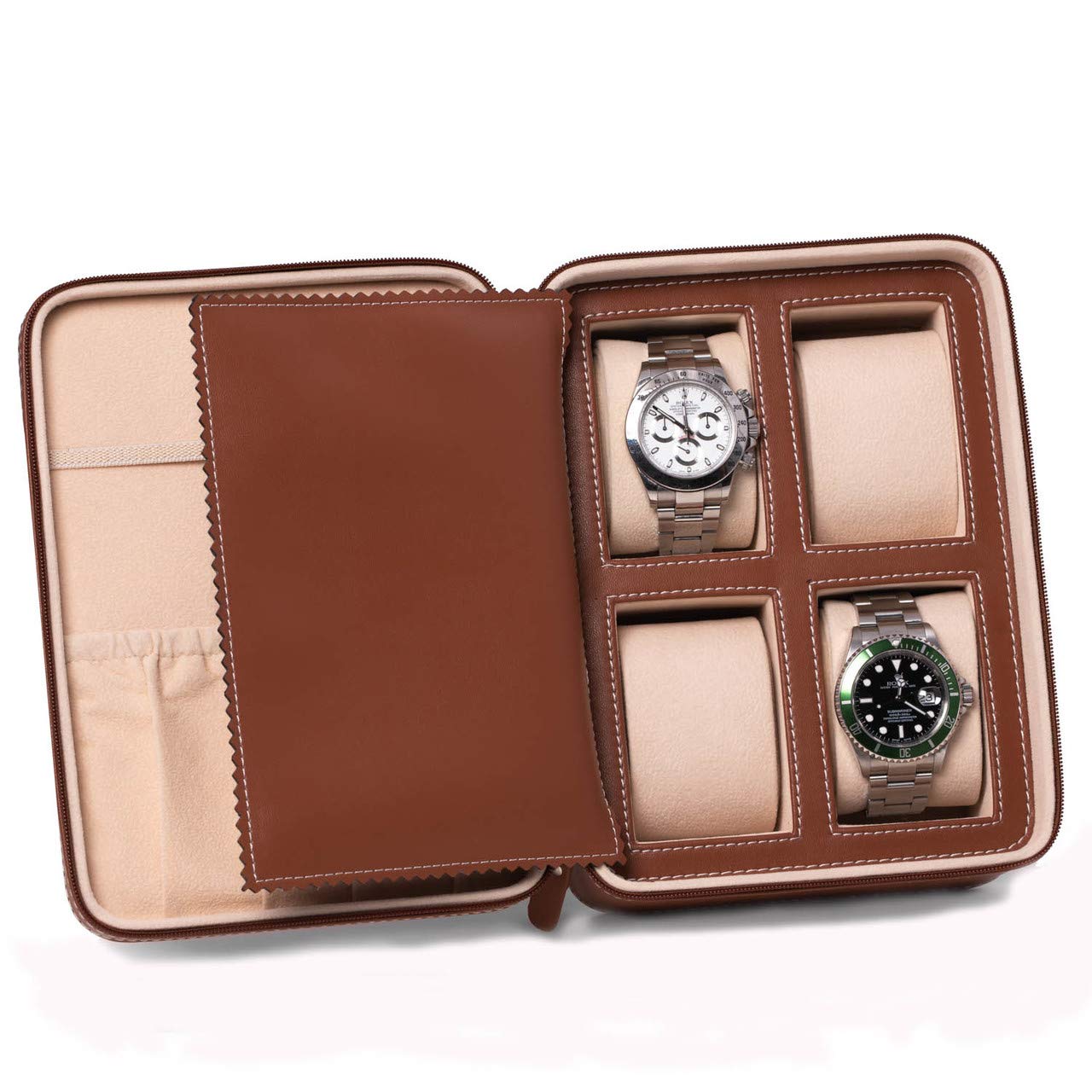 Premium Saddle Leather Travel Watch Case - 4 Watch Storage with Accessory Compartment | Perfect for Business Trips, Vacations & Watch Collectors