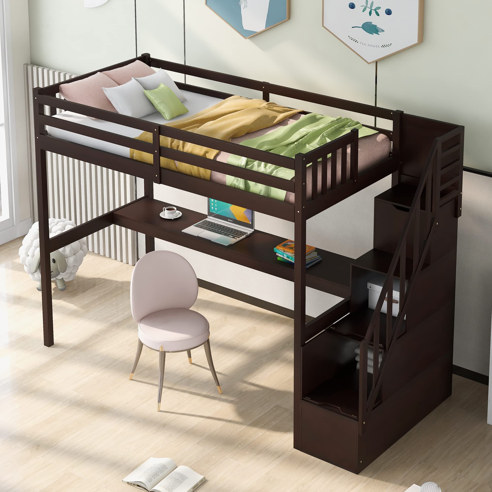 SOFTSEA Twin Loft Bed with Stairs & Built-in Desk - Space Saving Wooden Study Loft Bed for Kids & Teens - Perfect for Small Rooms, Dorm Rooms & Bedrooms (Junior Twin Size)
