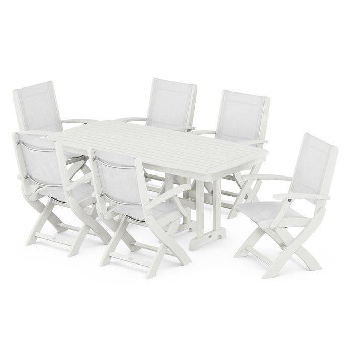 POLYWOOD Coastal Folding Arm Chair 7-Piece Outdoor Dining Set - Perfect for Patio, Deck, Poolside & Beachfront Entertaining
