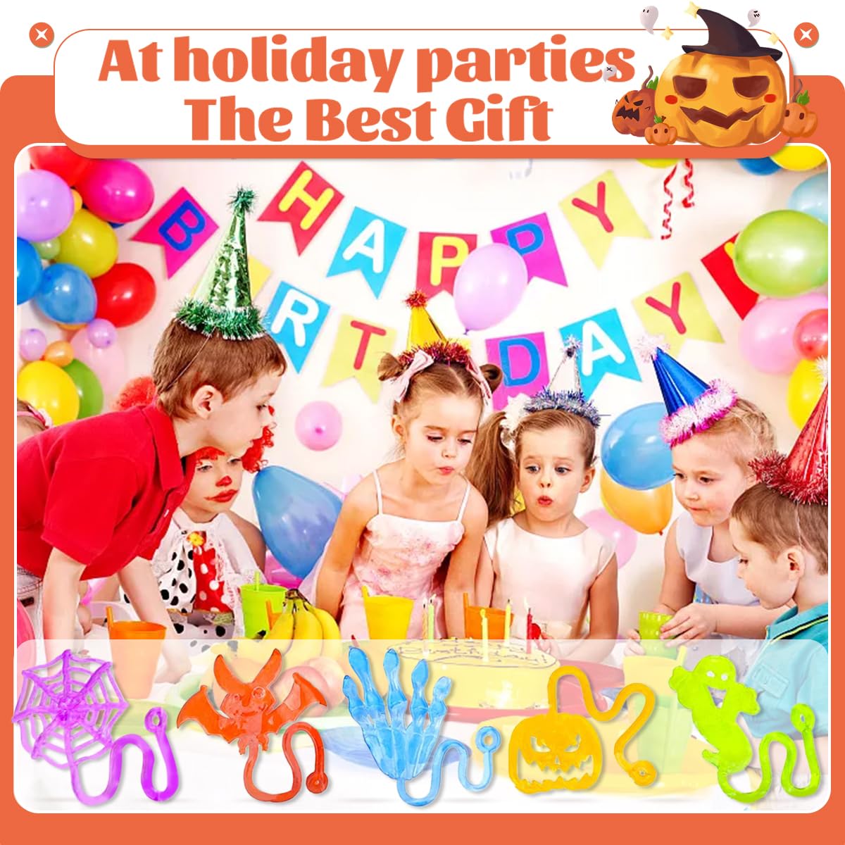 60 Pcs Halloween Sticky Hand Toys for Kids - Stretchy Skeleton, Bat, Ghost & Pumpkin Party Favors for Trick or Treat, Classroom Prizes, Goodie Bags & Halloween Party Games