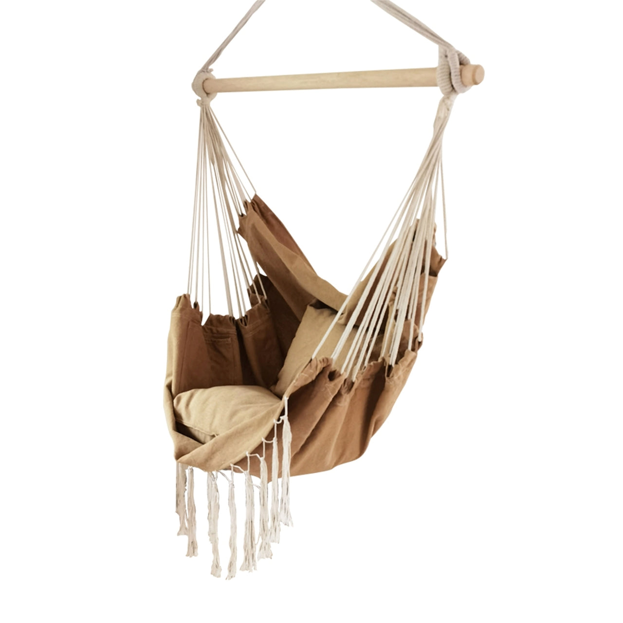 Aleko Outdoor Hanging Rope Swing Hammock Chair with Side Pocket & Wooden Spreader Bar - Khaki Color for Patio, Garden, or Backyard Relaxation